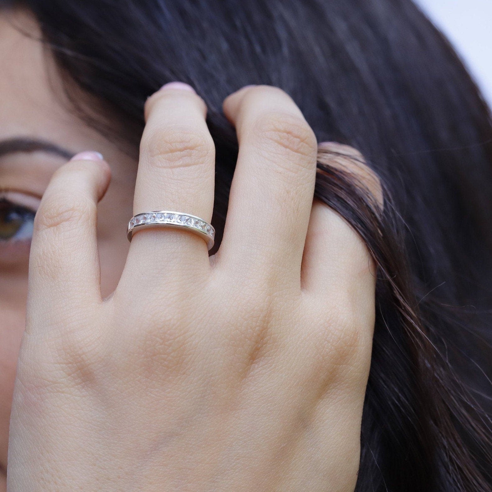 Lottie - 925 Sterling Silver Princess Full Eternity Wedding Engagement Rings Band for Women