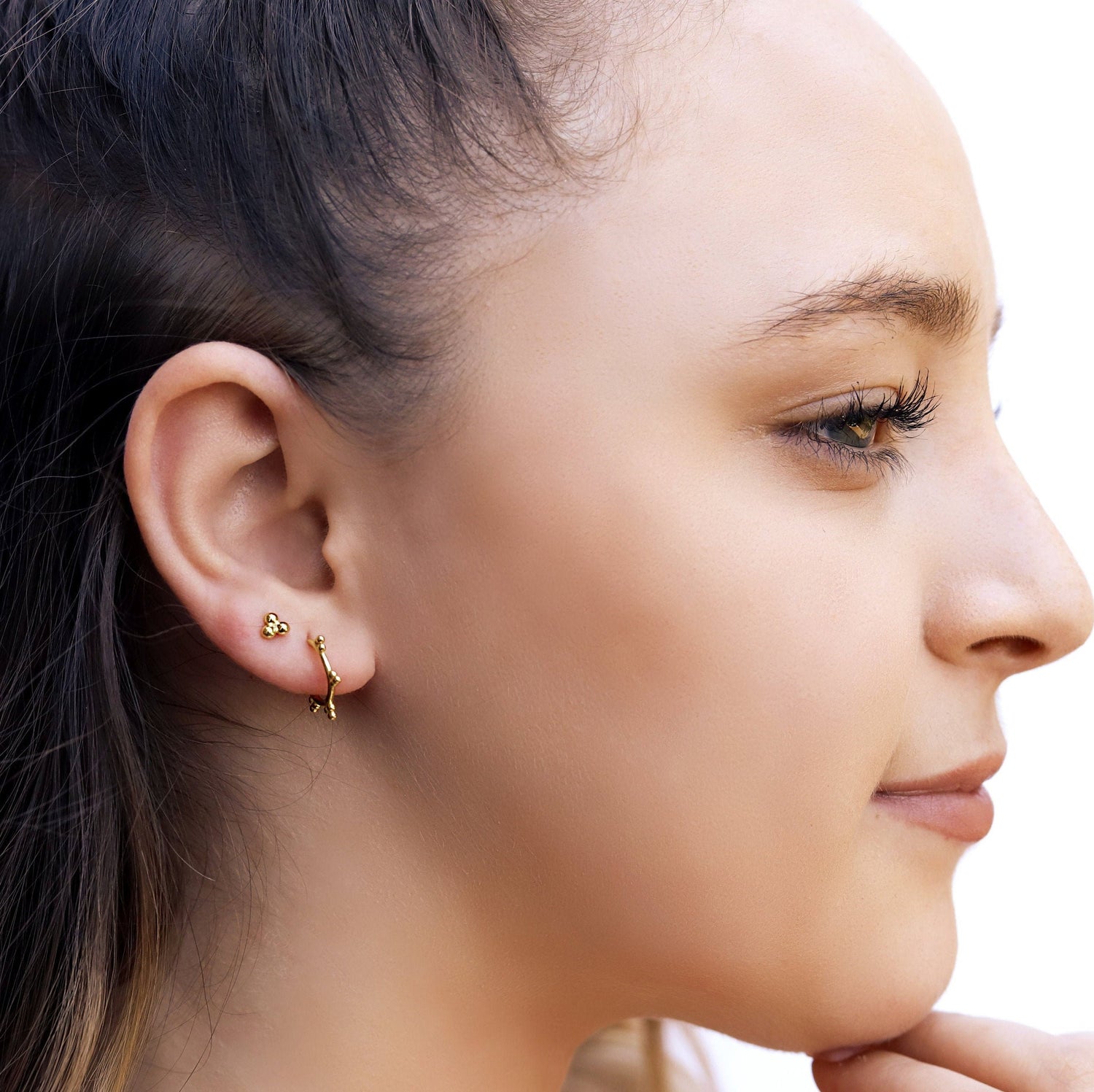 AJJ tiny 18K gold plated sterling silver huggie hoop earrings with bead detail, dainty sleeper hoops for everyday wear
