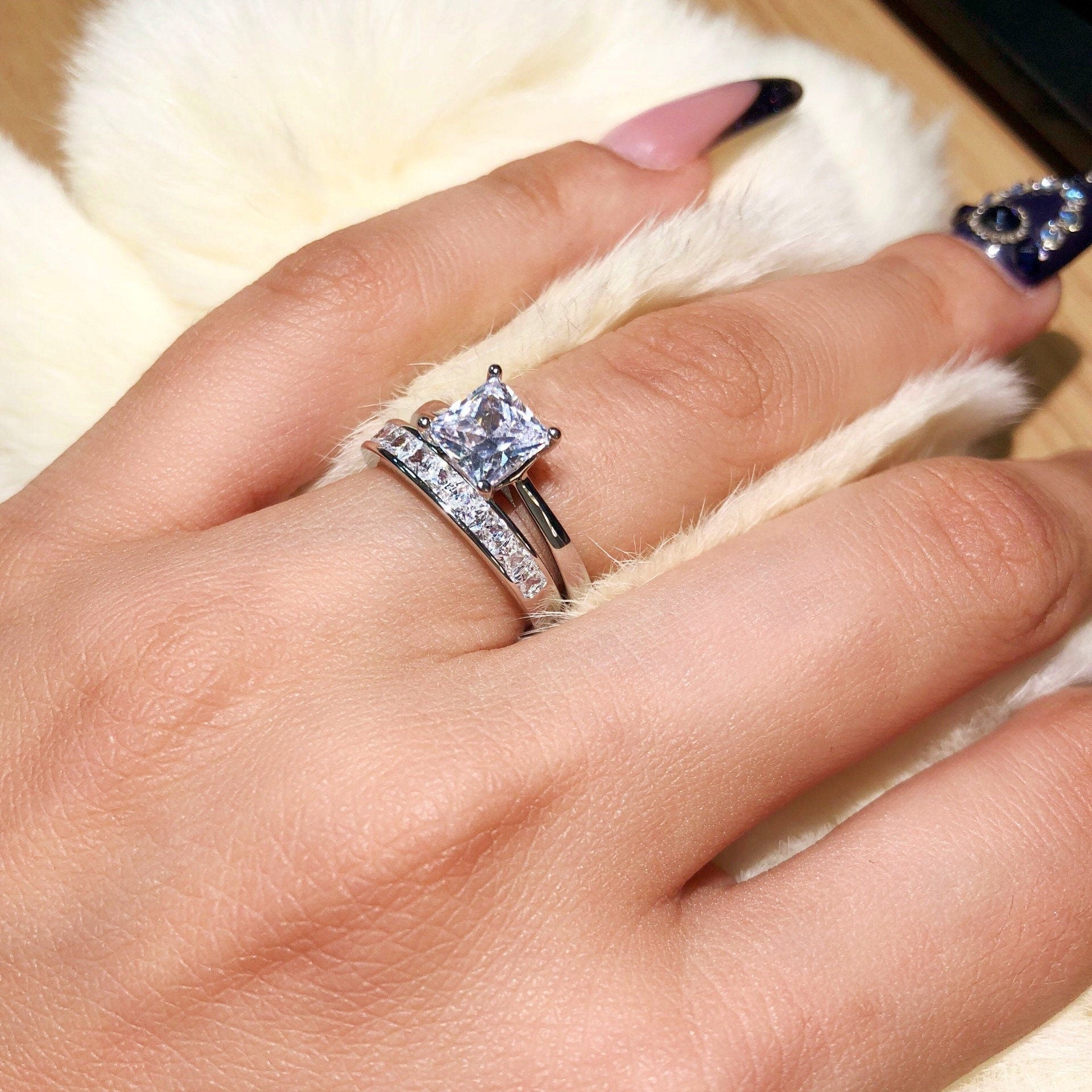 Eleanor - Stunning  925 Sterling Silver Princess Cut Solitaire Women's Wedding Bridal Engagement Promise Ring Set for women
