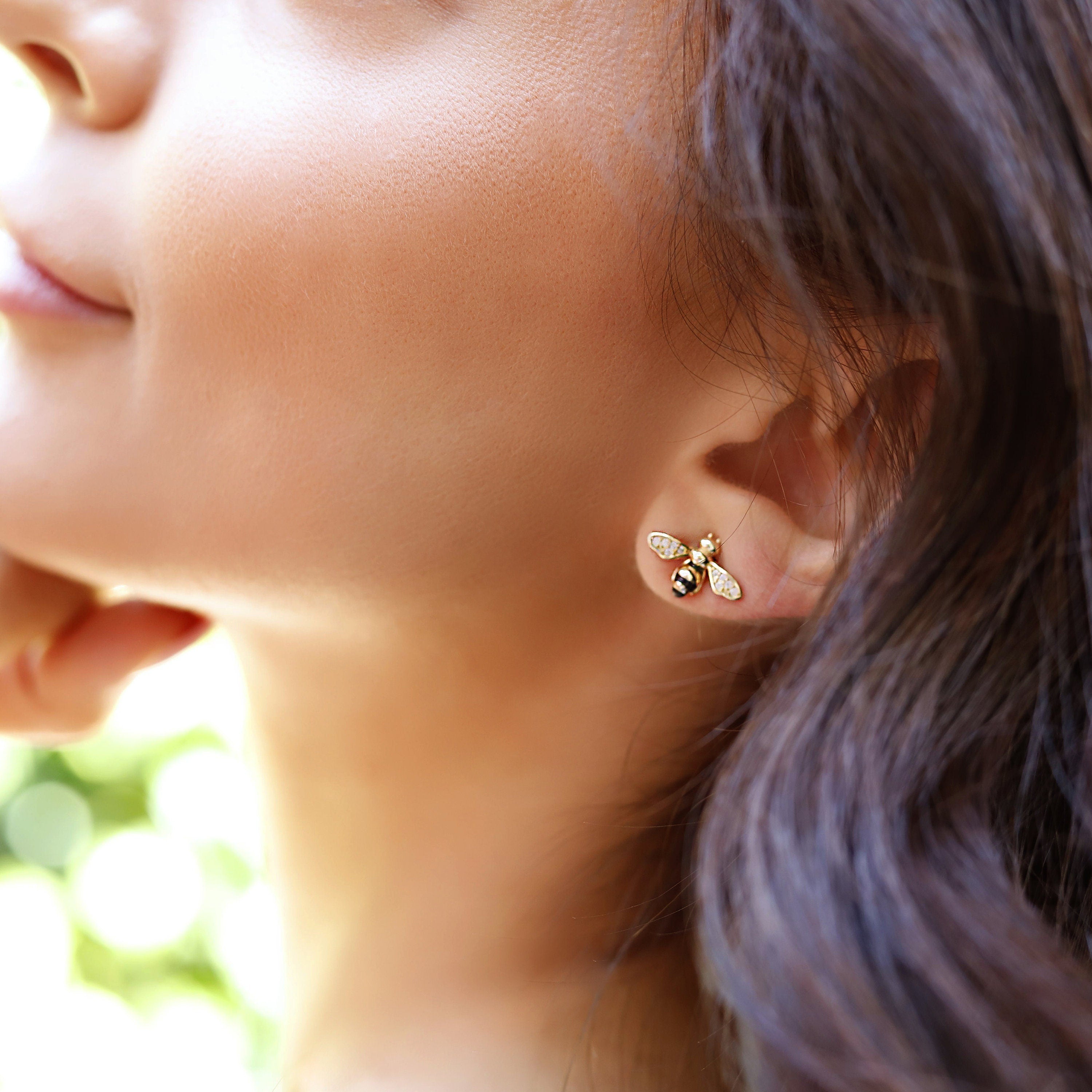 Silver stud earrings - earrings with silver flying bee, summer bee earrings, flying animal inspired earrings