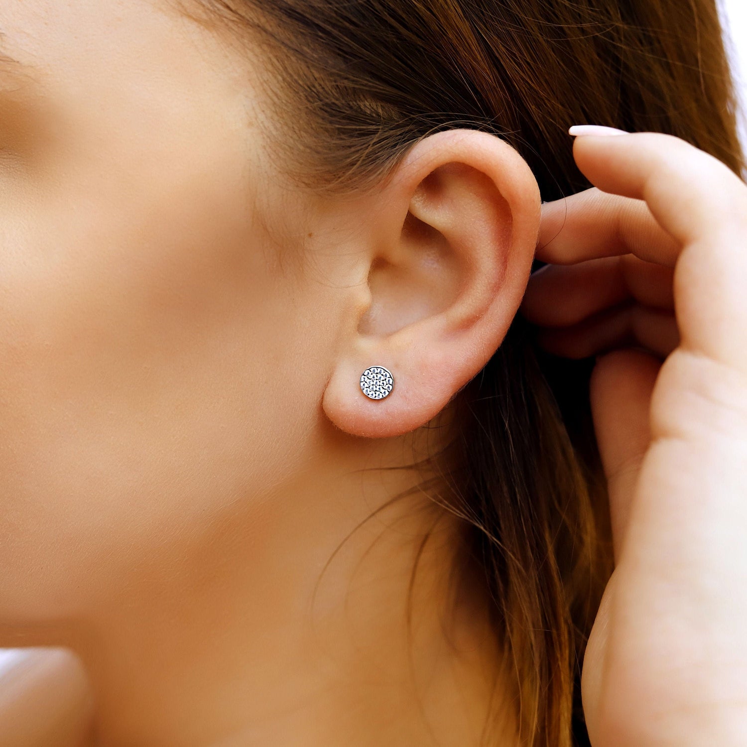 AJJ Pave Stud Earrings in 925 Sterling Silver, round circle design with tiny filigree details on a plain background.