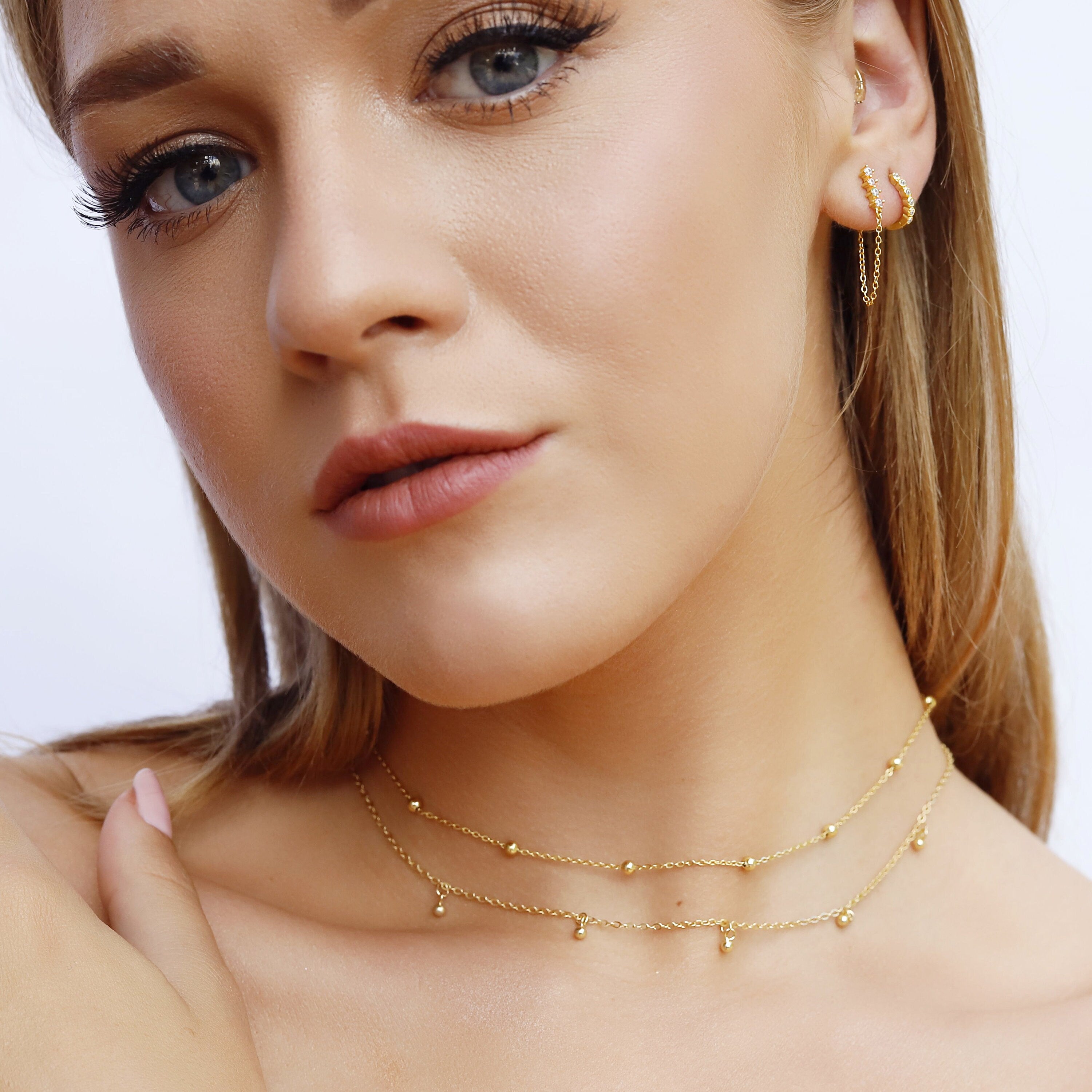 Beck - Dainty Gold Layering Necklace, 925 Sterling Silver 18K Gold plated, dainty beaded necklace