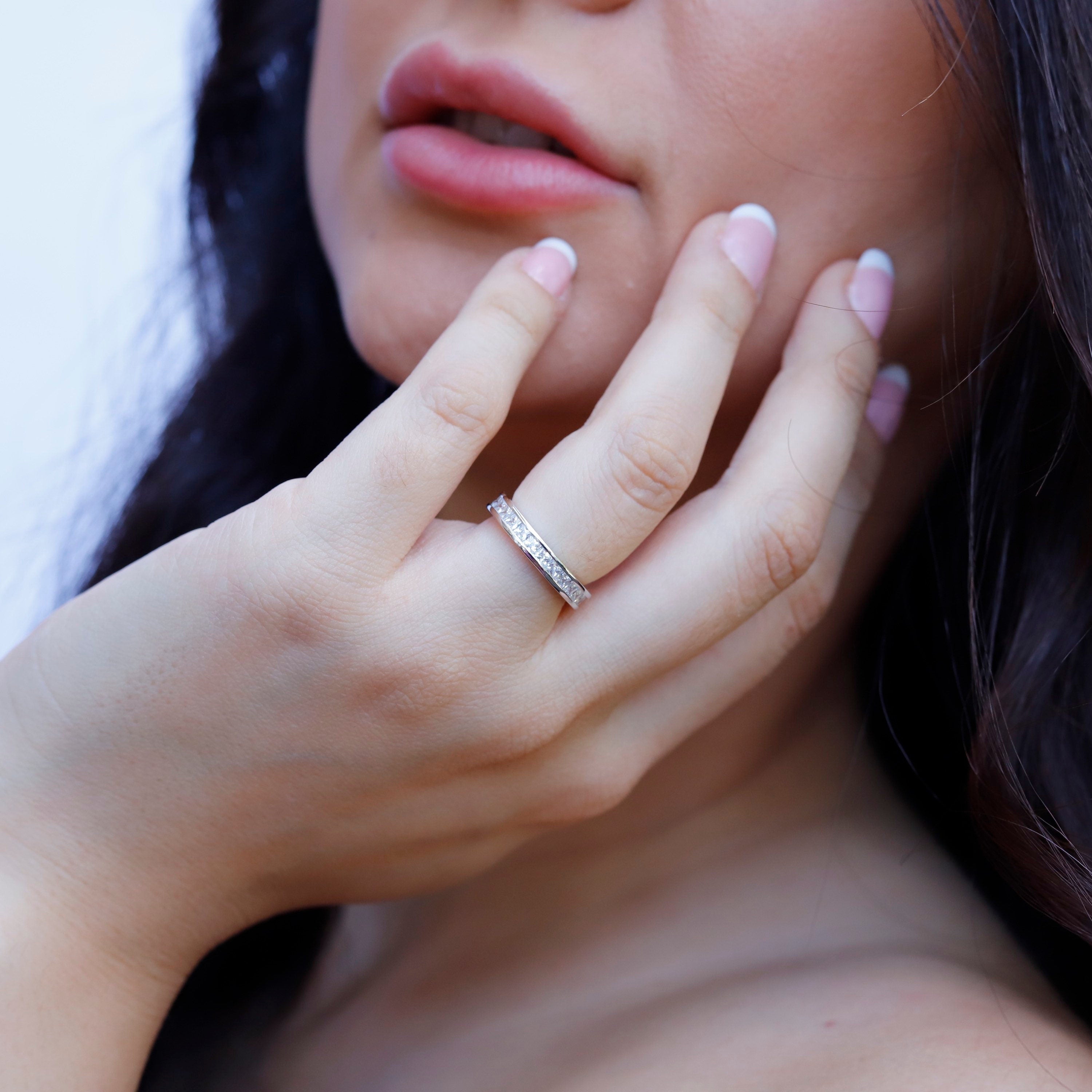 Lottie - 925 Sterling Silver Princess Full Eternity Wedding Engagement Rings Band for Women