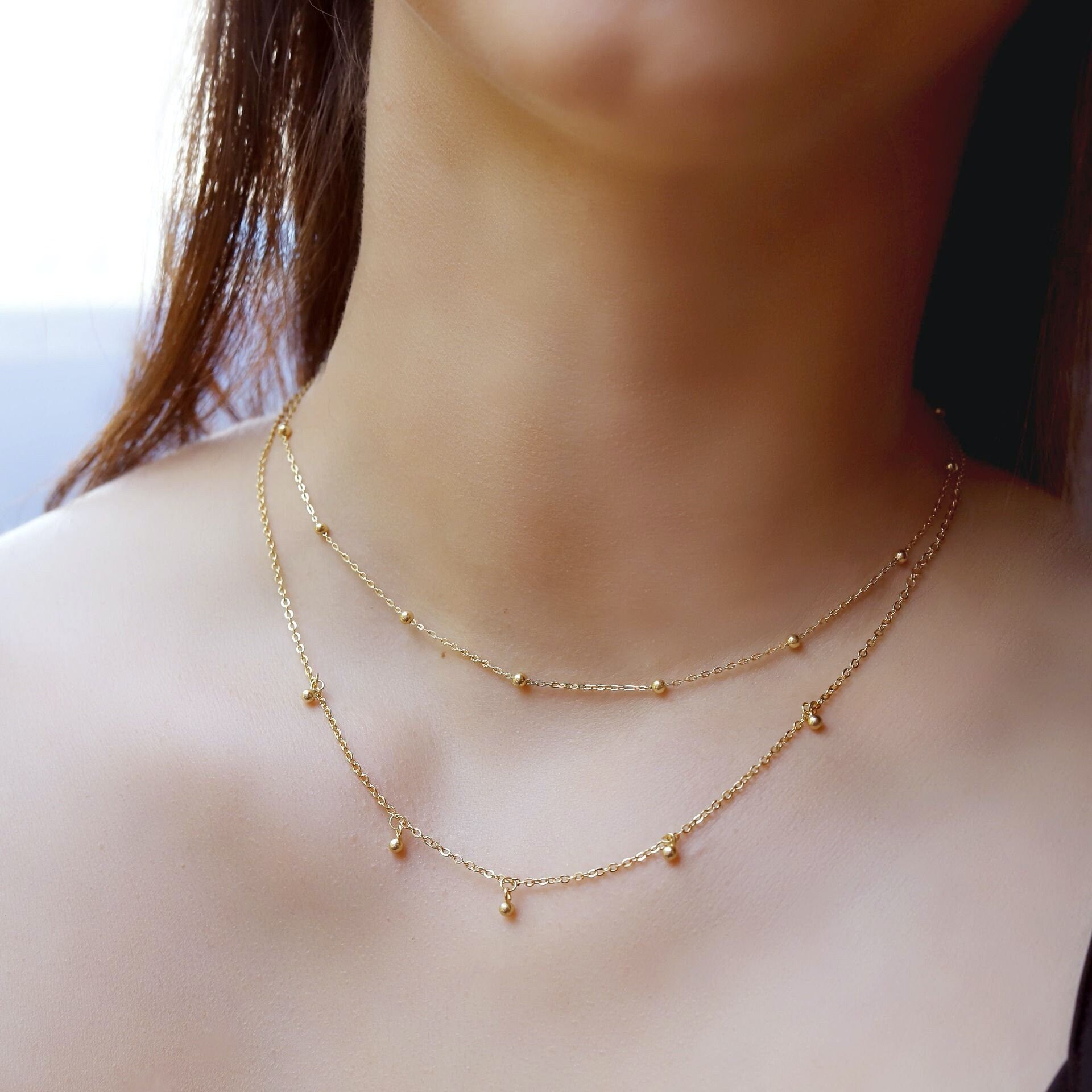 Beck - Dainty Gold Layering Necklace, 925 Sterling Silver 18K Gold plated, dainty beaded necklace