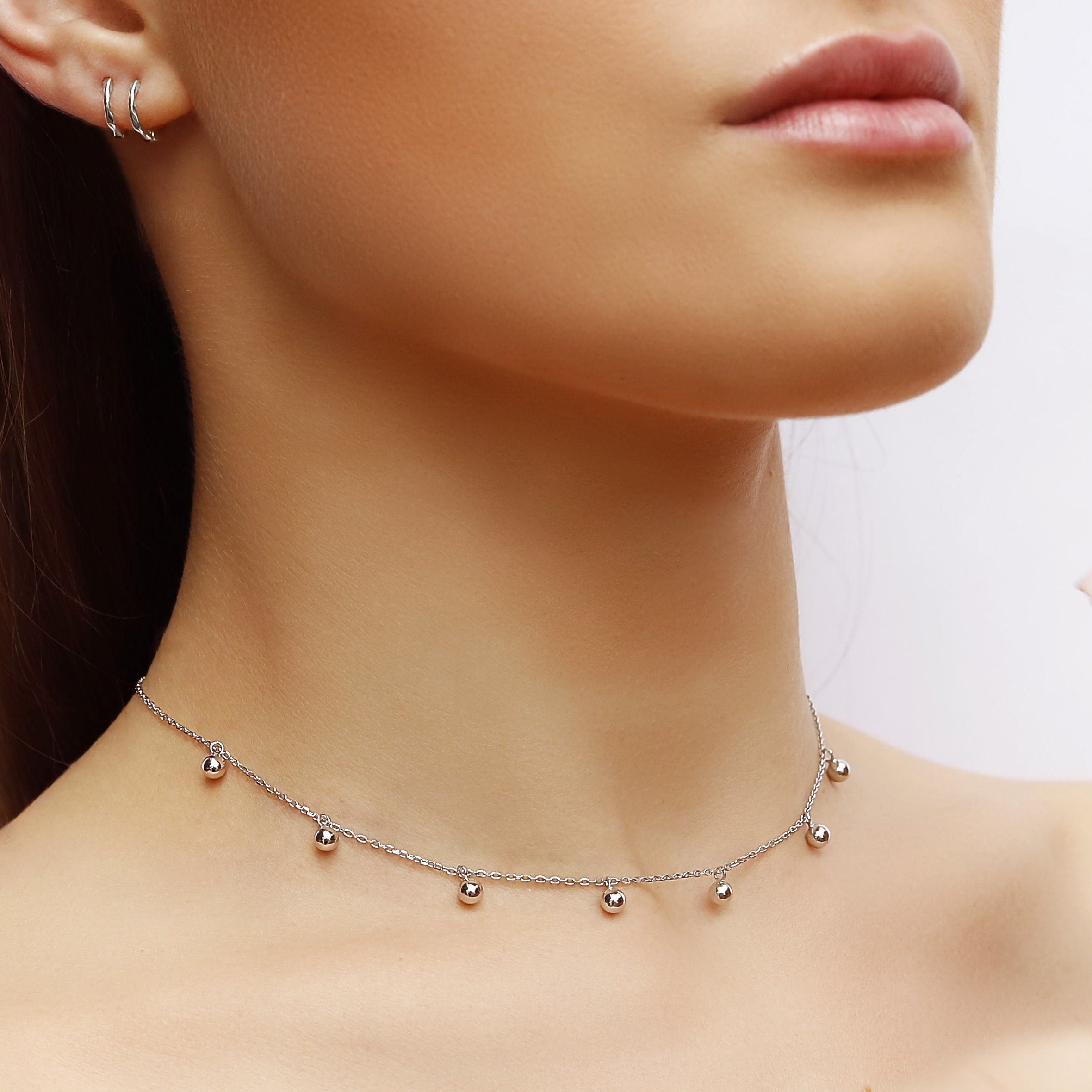 Loyra - Delicate Layered Necklaces • Ball Drop Chain • Choker Necklace, Satellite Necklace, Dainty Necklace, Layering Beaded Chain