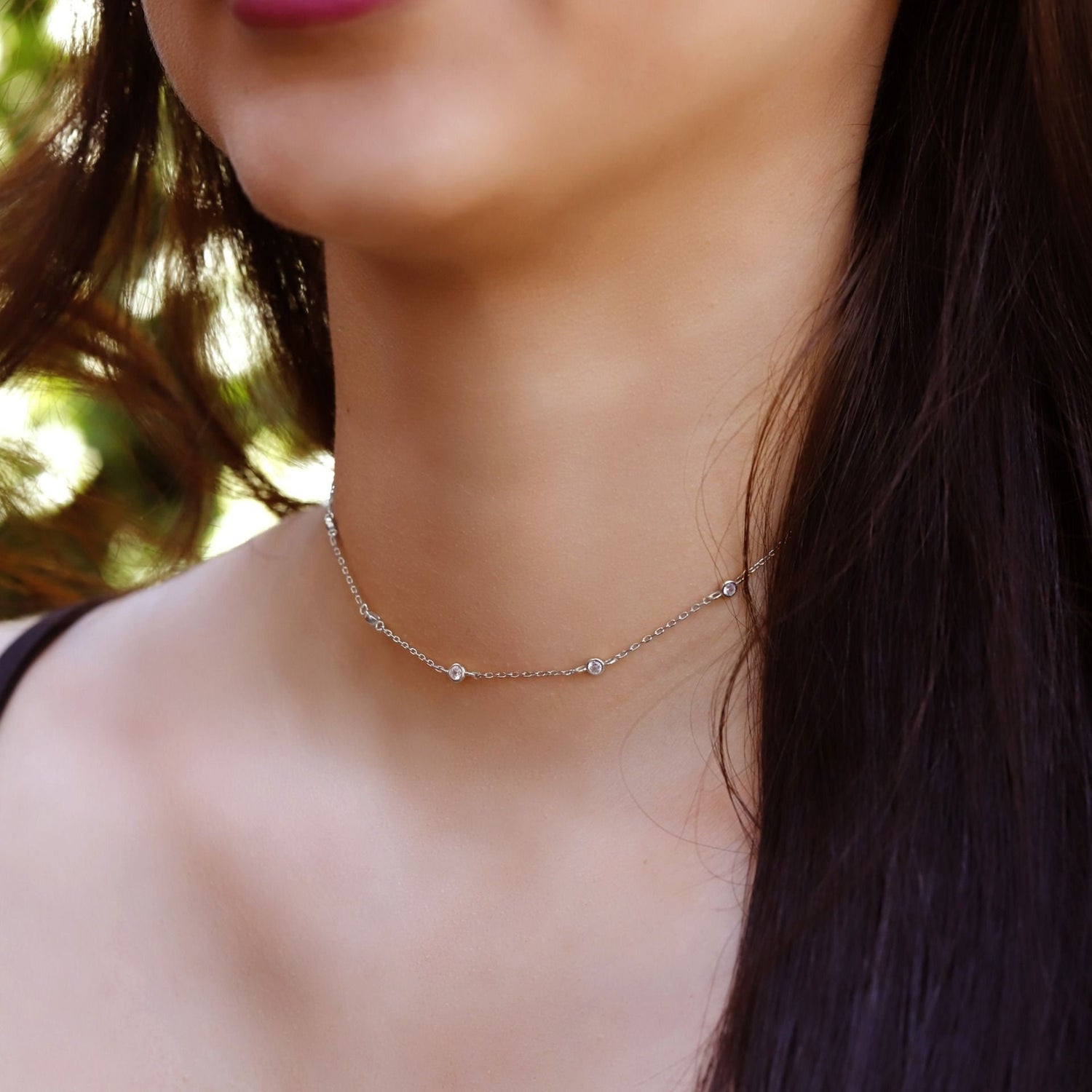 Beth - satellite Necklace, CZ Bobble necklace, Choker Necklace - Delicate Choker Necklaces, Satellite Chain, Gold Choker Necklace