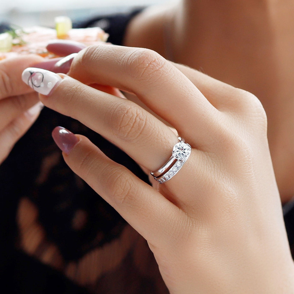 Elsa - Sterling Silver Simulated Diamond Eternity Engagement Wedding Ring 2Pc Set for Women
