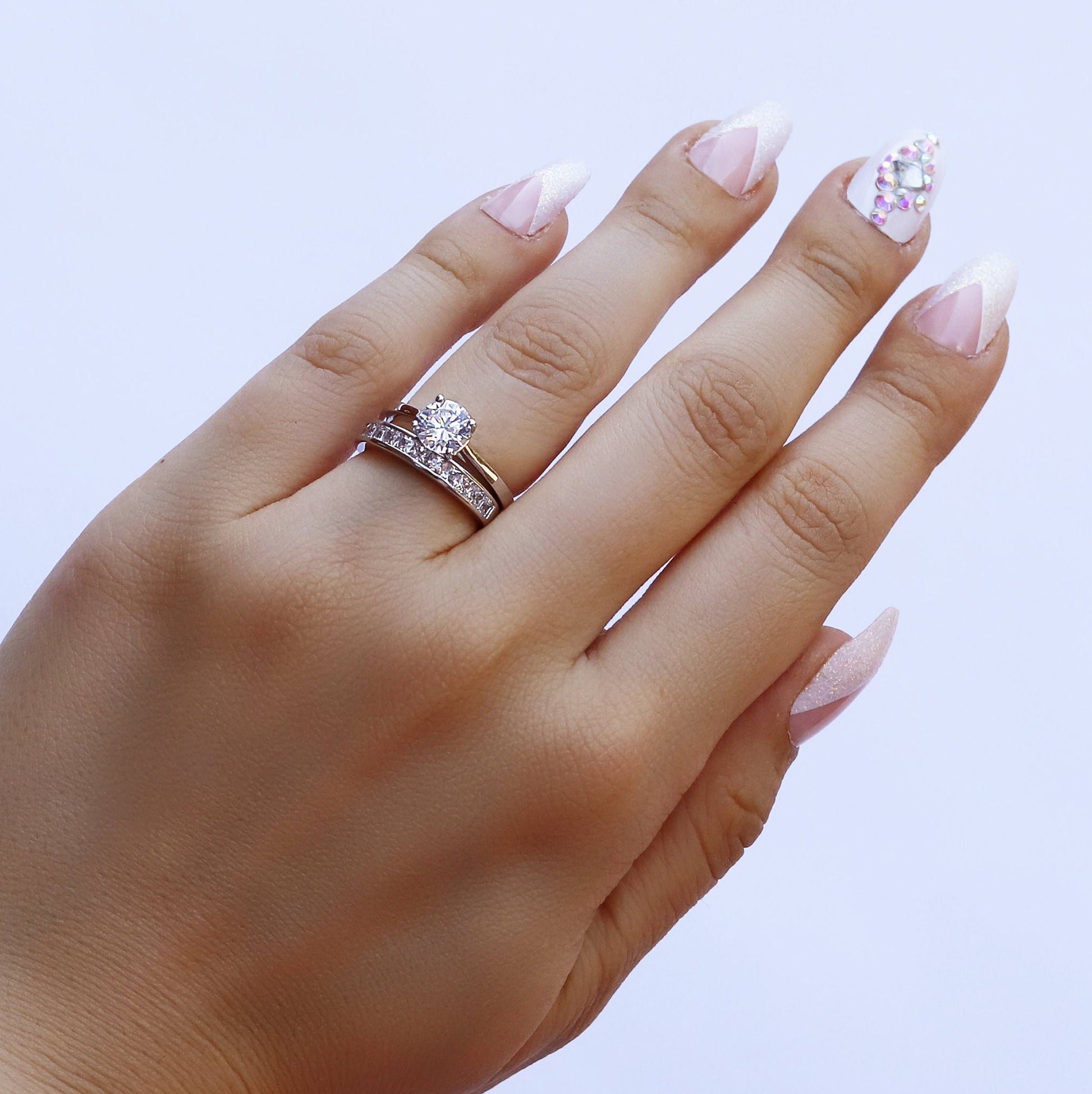 Elsa - Sterling Silver Simulated Diamond Eternity Engagement Wedding Ring 2Pc Set for Women