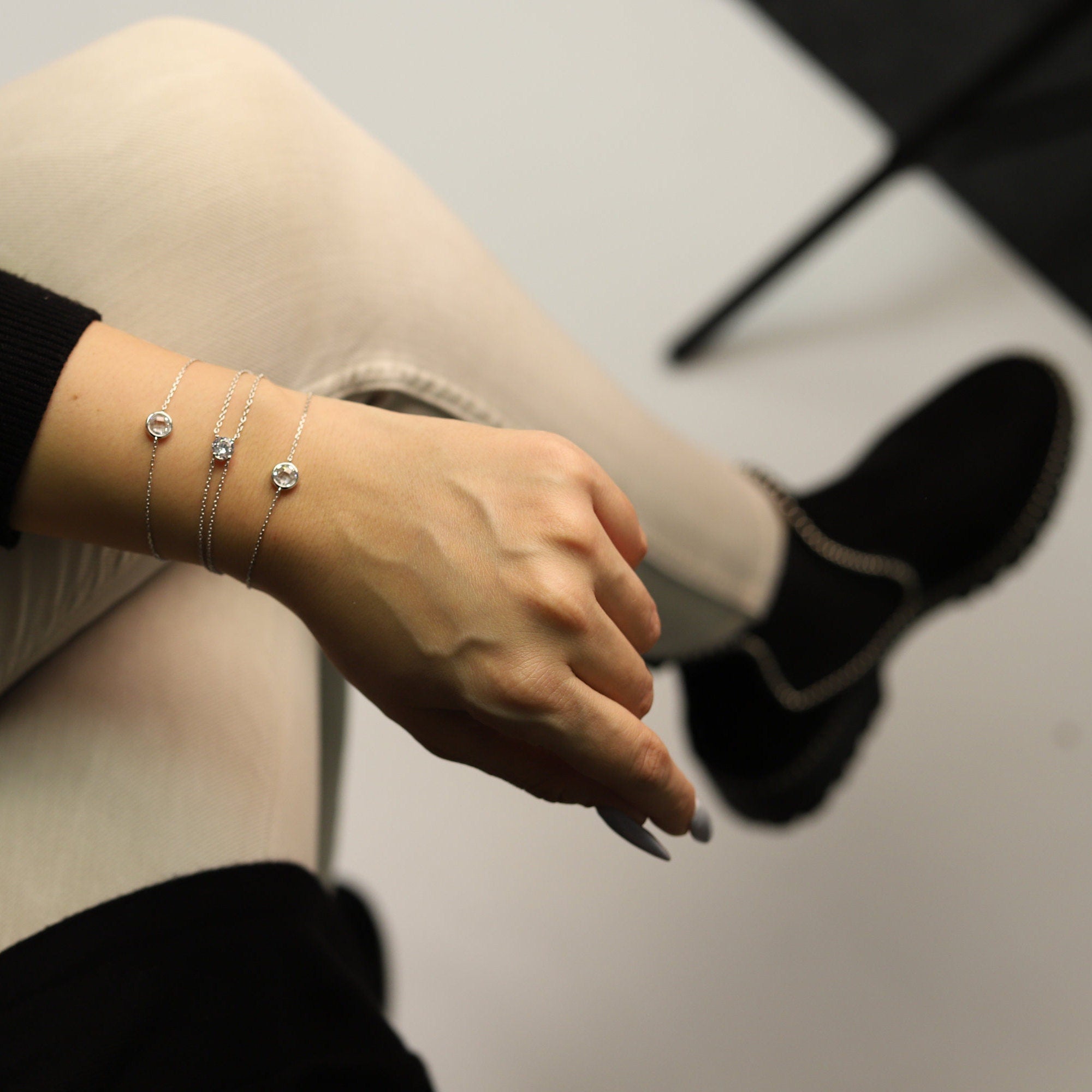 Liyana - Simple solitaire Sterling Silver chain bracelet (Adjustable) for women