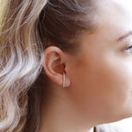 AJJ minimalist silver lobe suspender huggie earrings with pave bar design, tiny dainty huggie earrings for everyday wear