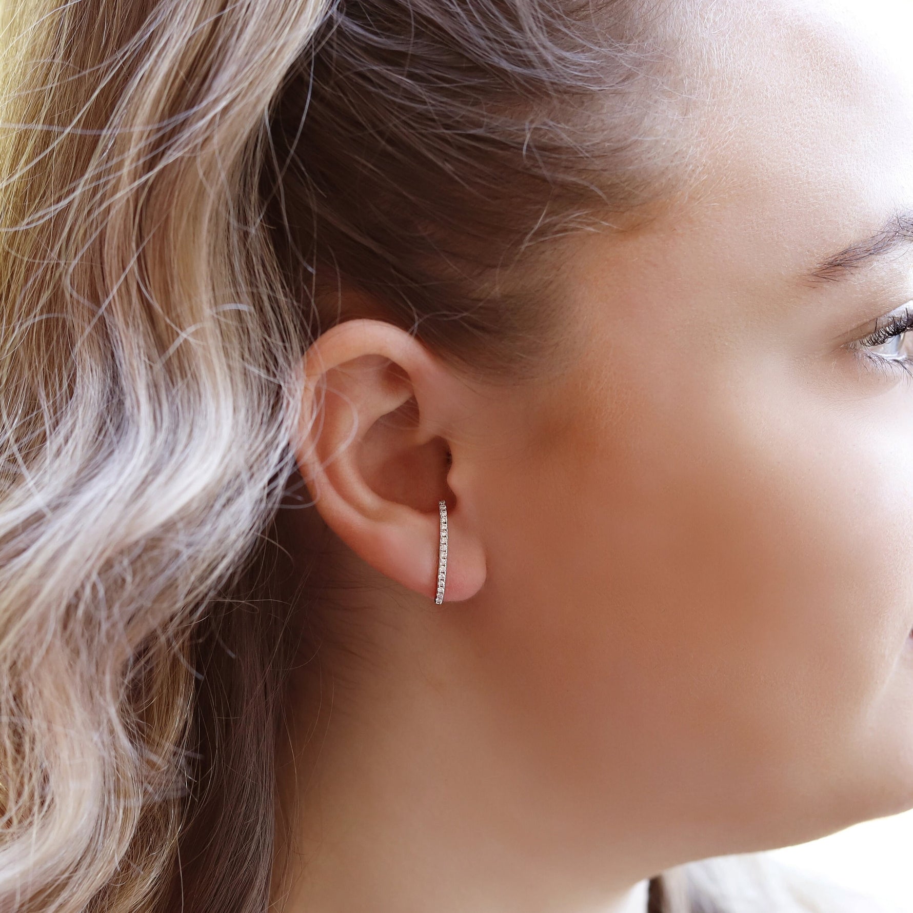 AJJ minimalist silver lobe suspender huggie earrings with pave bar design, tiny dainty huggie earrings for everyday wear