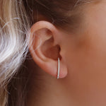 AJJ minimalist silver lobe suspender huggie earrings with pave bar design, dainty tiny earrings for a subtle, stylish look