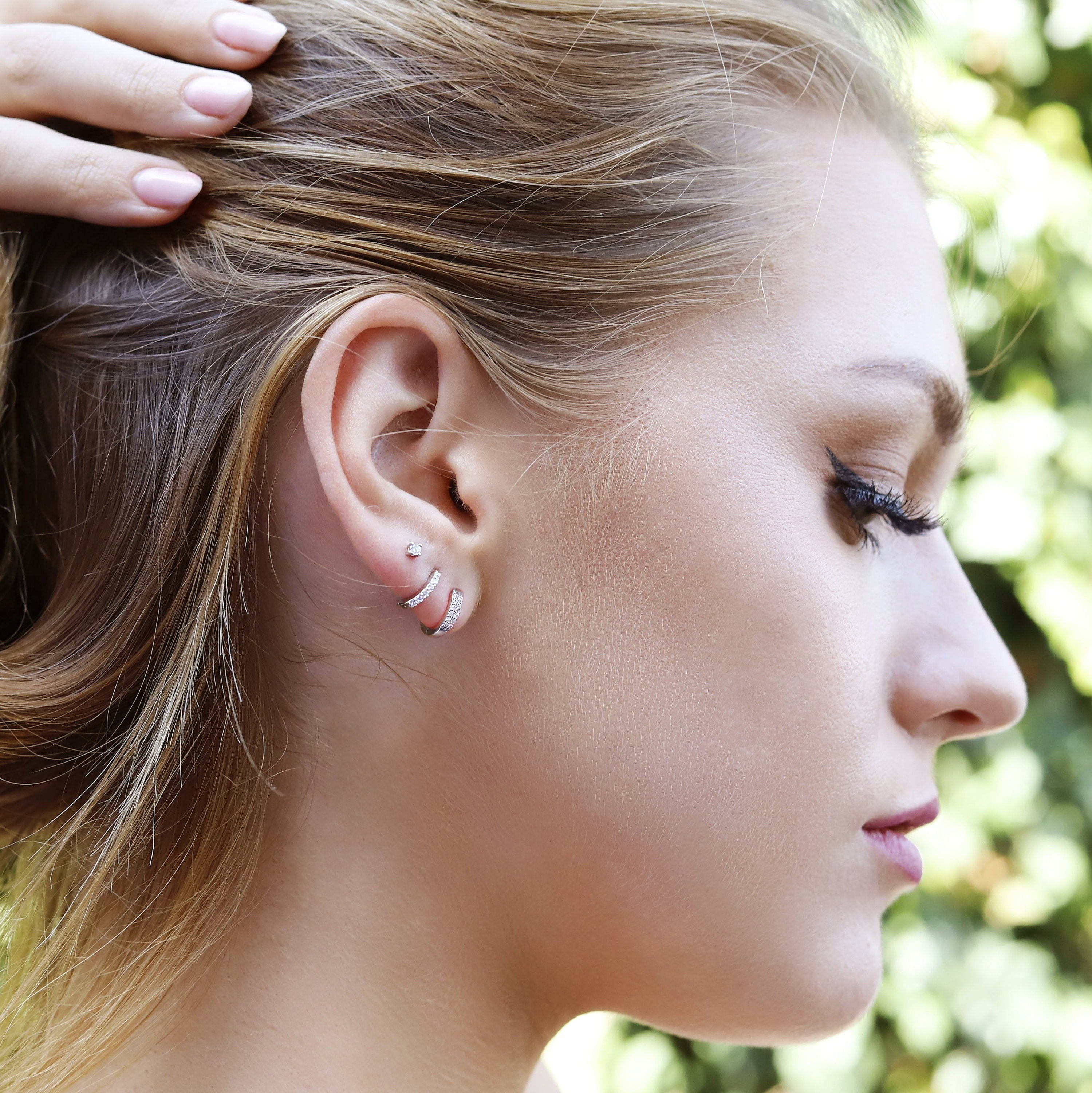 Double Huggie Hoop Stud Earrings - Double CZ Hoop Earrings - Dainty Silver Hoop  - Small Hoop Earrings - Clear Stone Huggie - Ear Wrap Stud