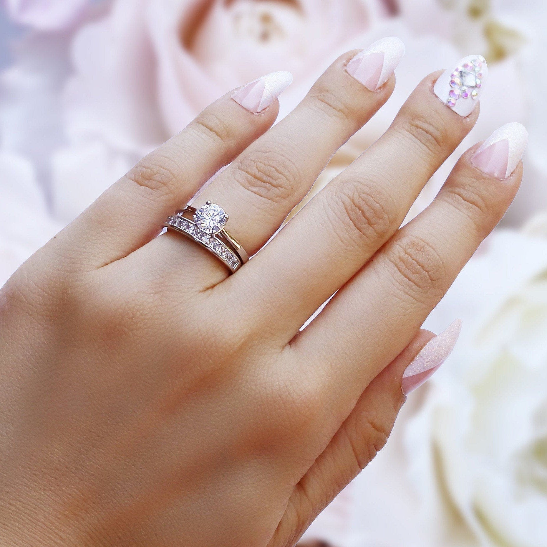 Elsa - Sterling Silver Simulated Diamond Eternity Engagement Wedding Ring 2Pc Set for Women