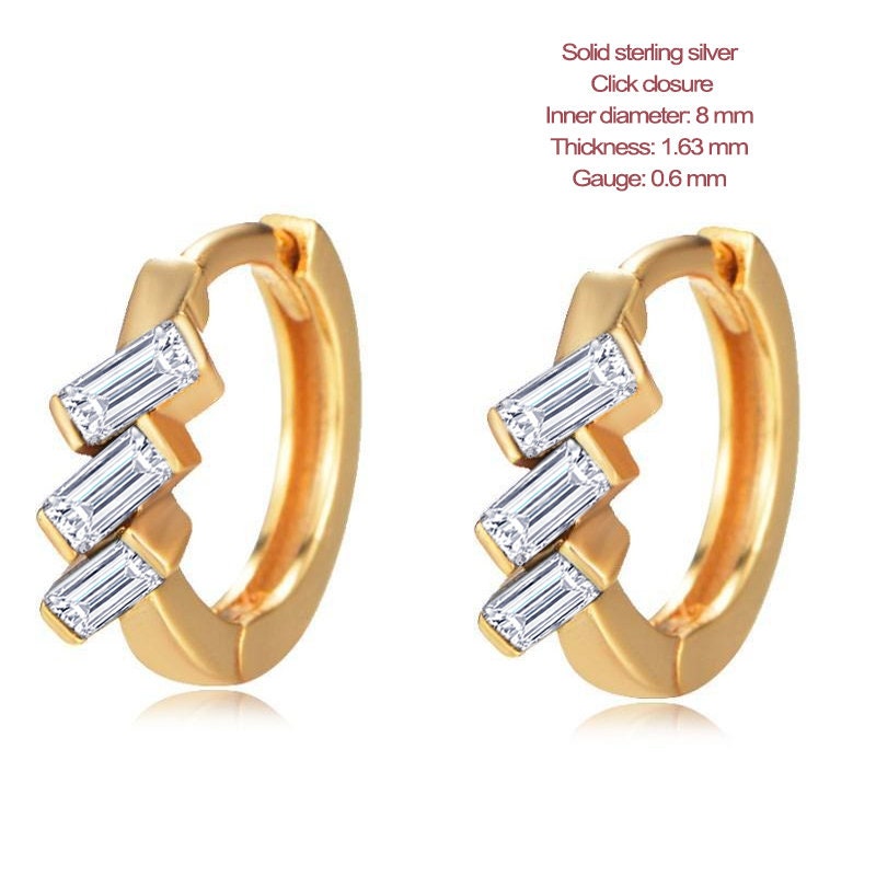 Sterling Silver and Yellow Gold Huggie Hoops earrings with simple baguette design, suitable for cartilage or pierced ears.