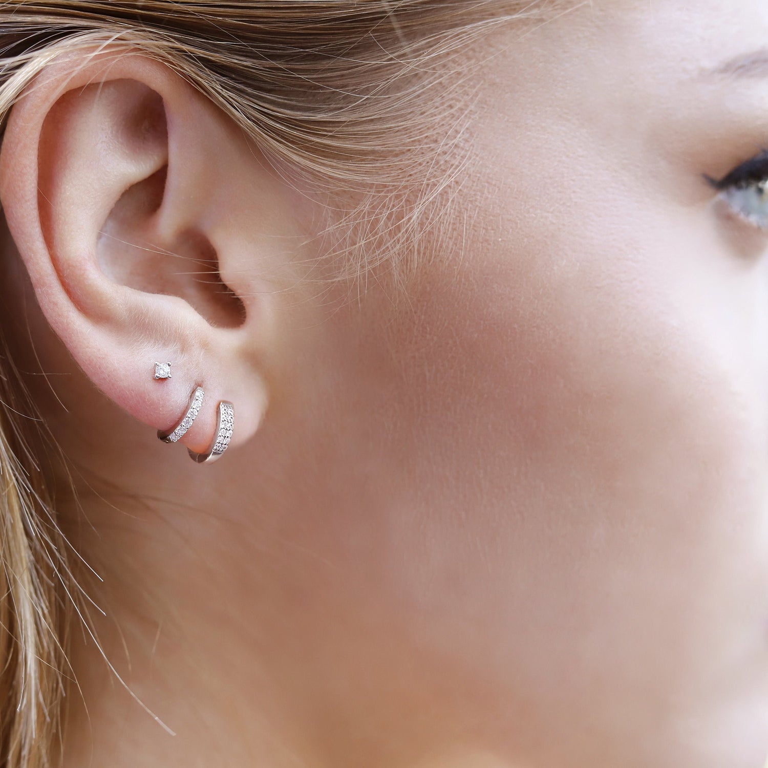 AJJ double huggie hoop earrings with clear CZ stones, dainty silver ear wrap studs, small hoop design, perfect for elegant wear