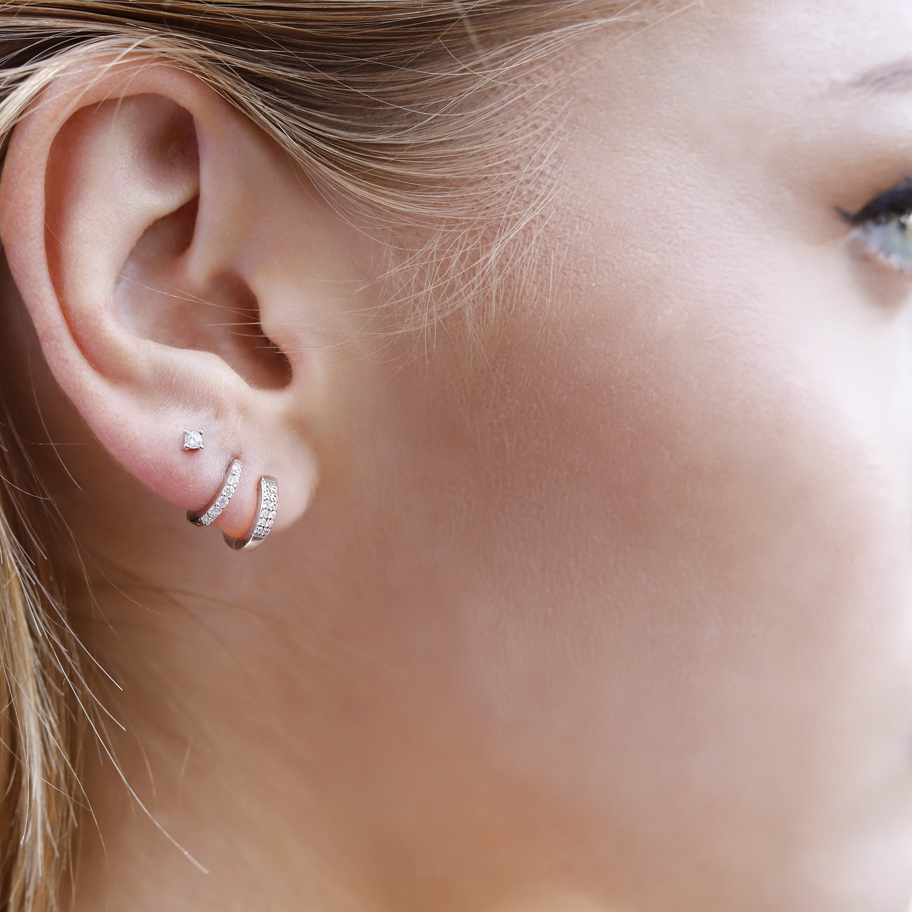 Double Huggie Hoop Stud Earrings - Double CZ Hoop Earrings - Dainty Silver Hoop  - Small Hoop Earrings - Clear Stone Huggie - Ear Wrap Stud