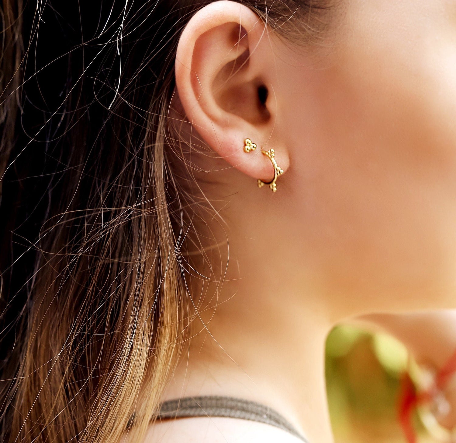 Tiny AJJ 18K gold plated sterling silver huggie hoop earrings with bead detail, dainty sleeper hoops for subtle elegance.