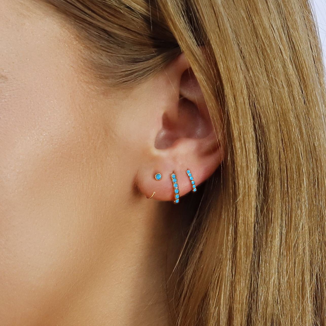 Classic Huggie hoops • 3mm turquoise earrings • Huggie Hoops • Huggie Earrings • Cartilage • Yellow Gold • Sterling Silver 925 • Open Hoops