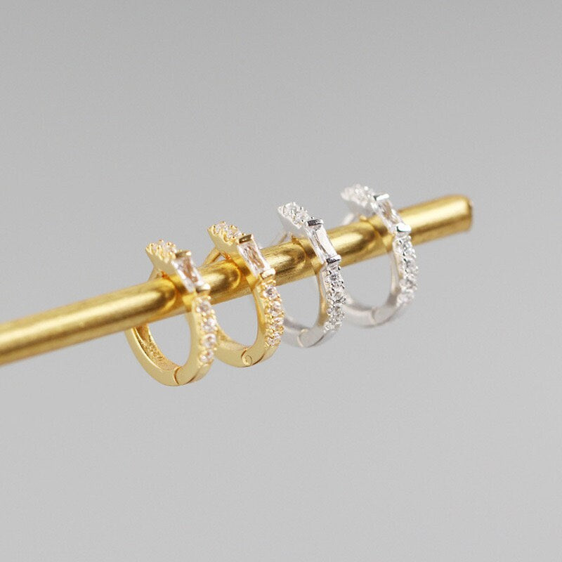 ALINA- Sparkly earrings, baguette earrings, huggie earrings, CZ, crystal , gold huggie hoops , dainty hoops , silver hoops , gift