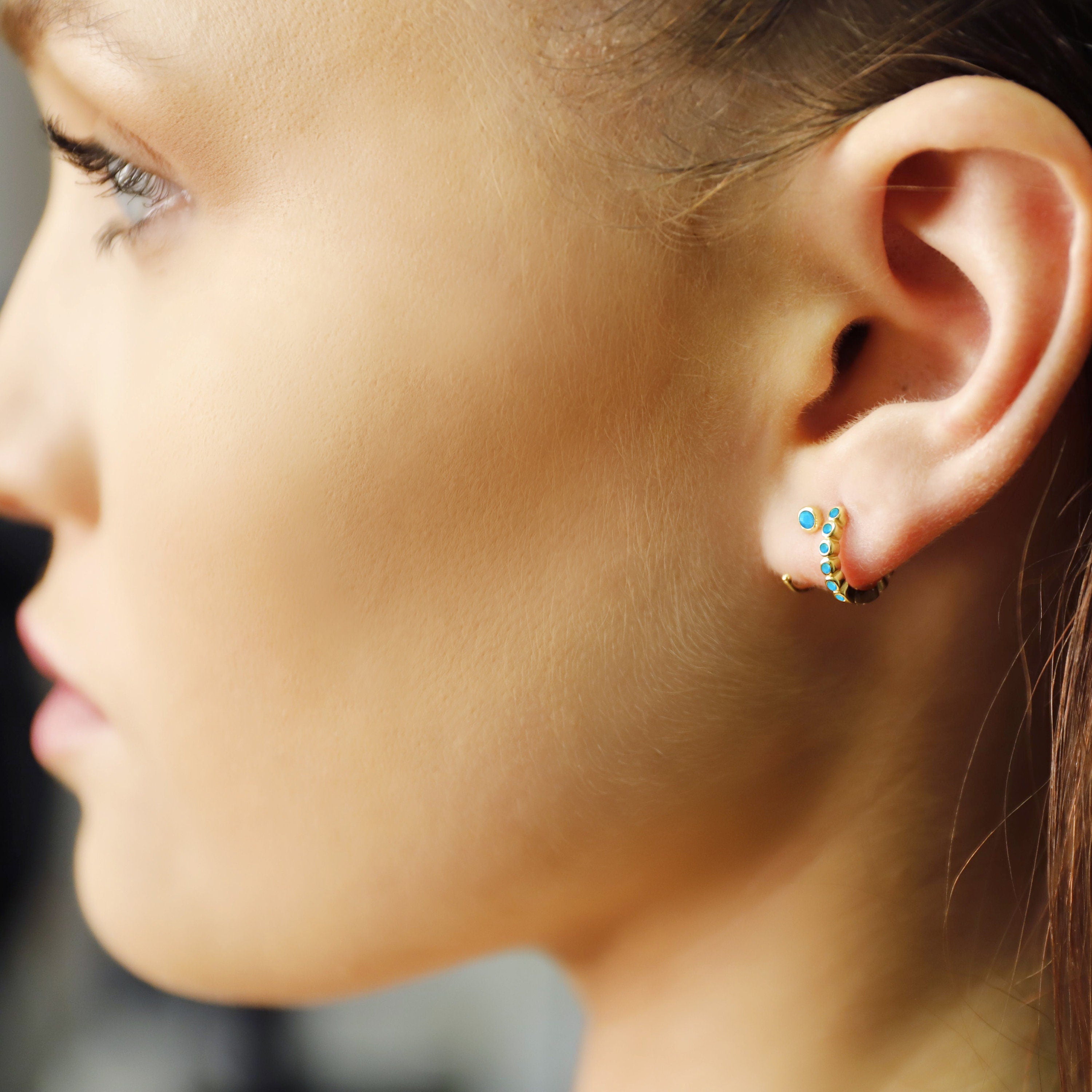 Classic Huggie hoops • 3mm turquoise earrings • Huggie Hoops • Huggie Earrings • Cartilage • Yellow Gold • Sterling Silver 925 • Open Hoops