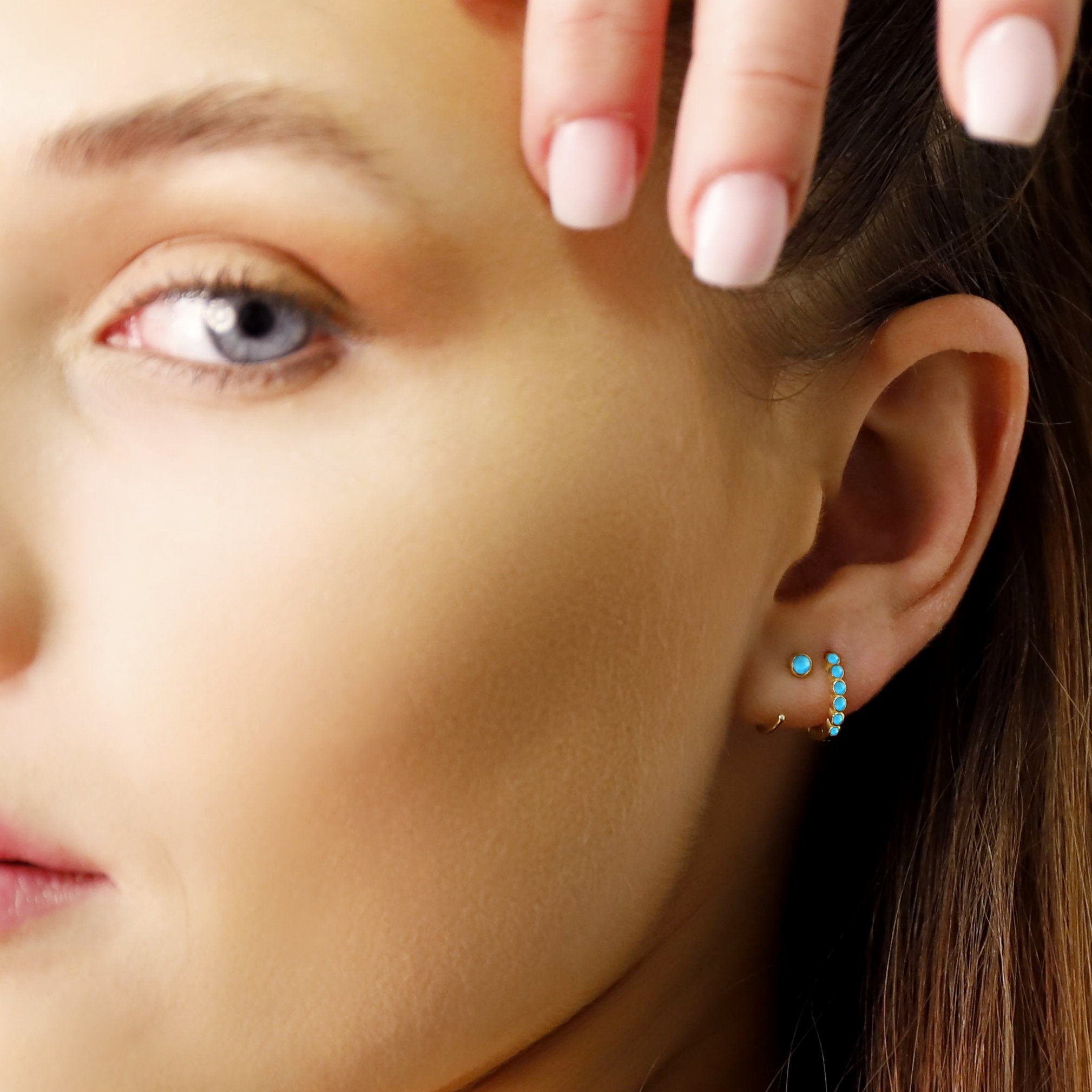 Classic Huggie hoops • 3mm turquoise earrings • Huggie Hoops • Huggie Earrings • Cartilage • Yellow Gold • Sterling Silver 925 • Open Hoops