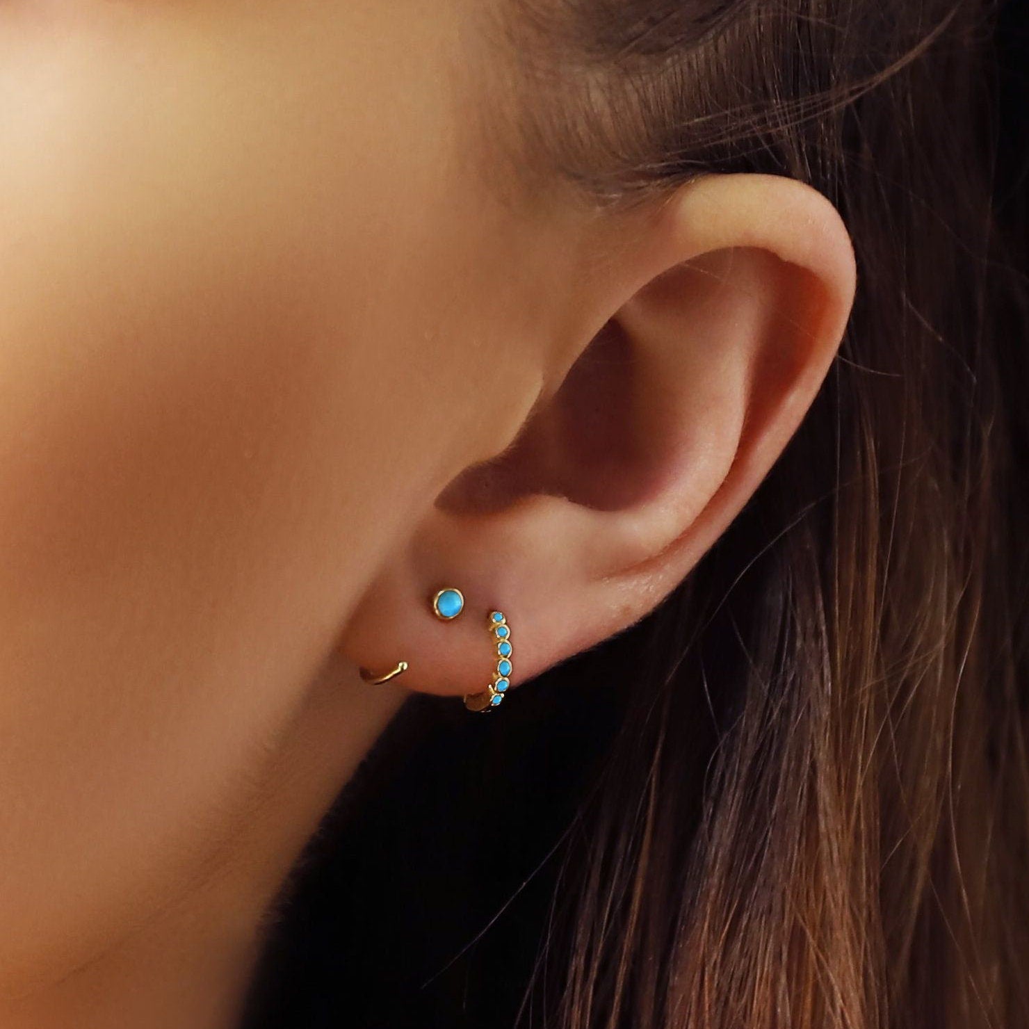 Classic Huggie hoops • 3mm turquoise earrings • Huggie Hoops • Huggie Earrings • Cartilage • Yellow Gold • Sterling Silver 925 • Open Hoops
