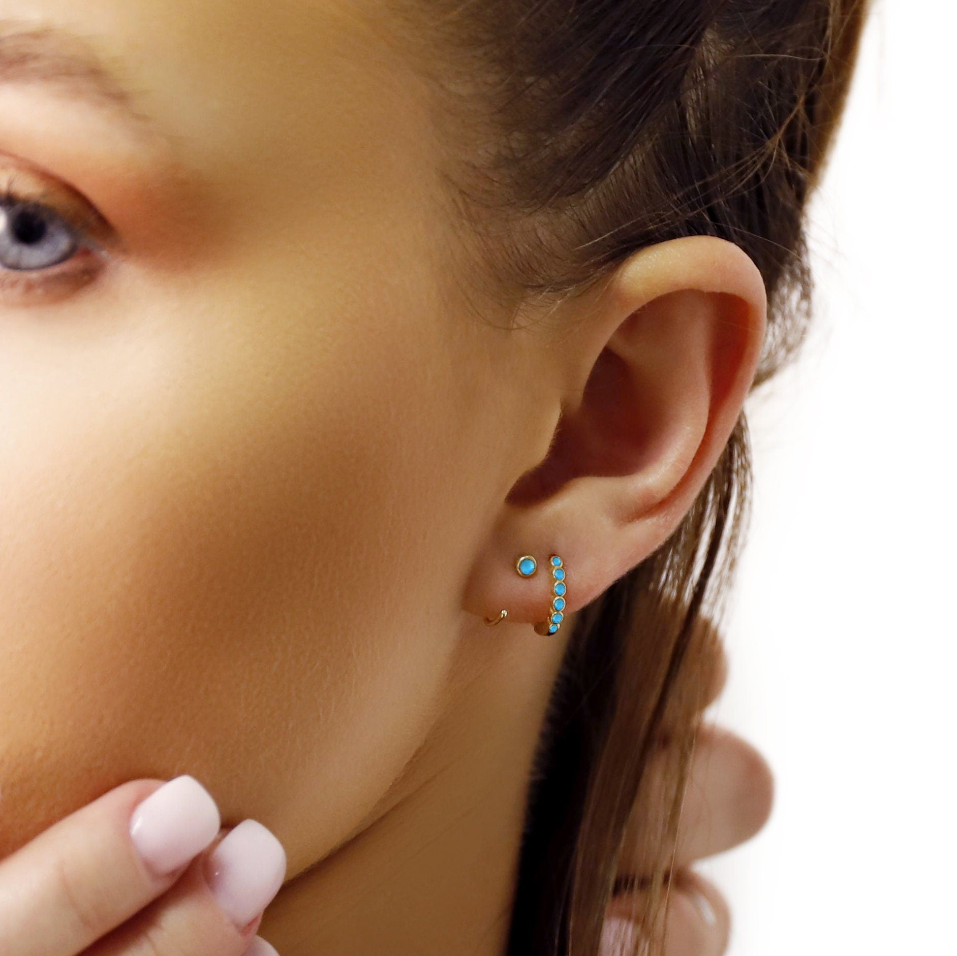 Classic Huggie hoops • 3mm turquoise earrings • Huggie Hoops • Huggie Earrings • Cartilage • Yellow Gold • Sterling Silver 925 • Open Hoops