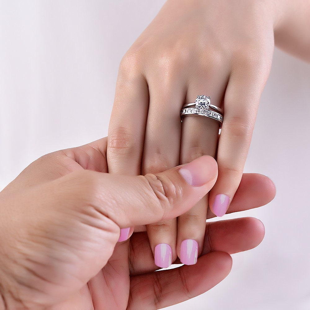 Elsa - Sterling Silver Simulated Diamond Eternity Engagement Wedding Ring 2Pc Set for Women