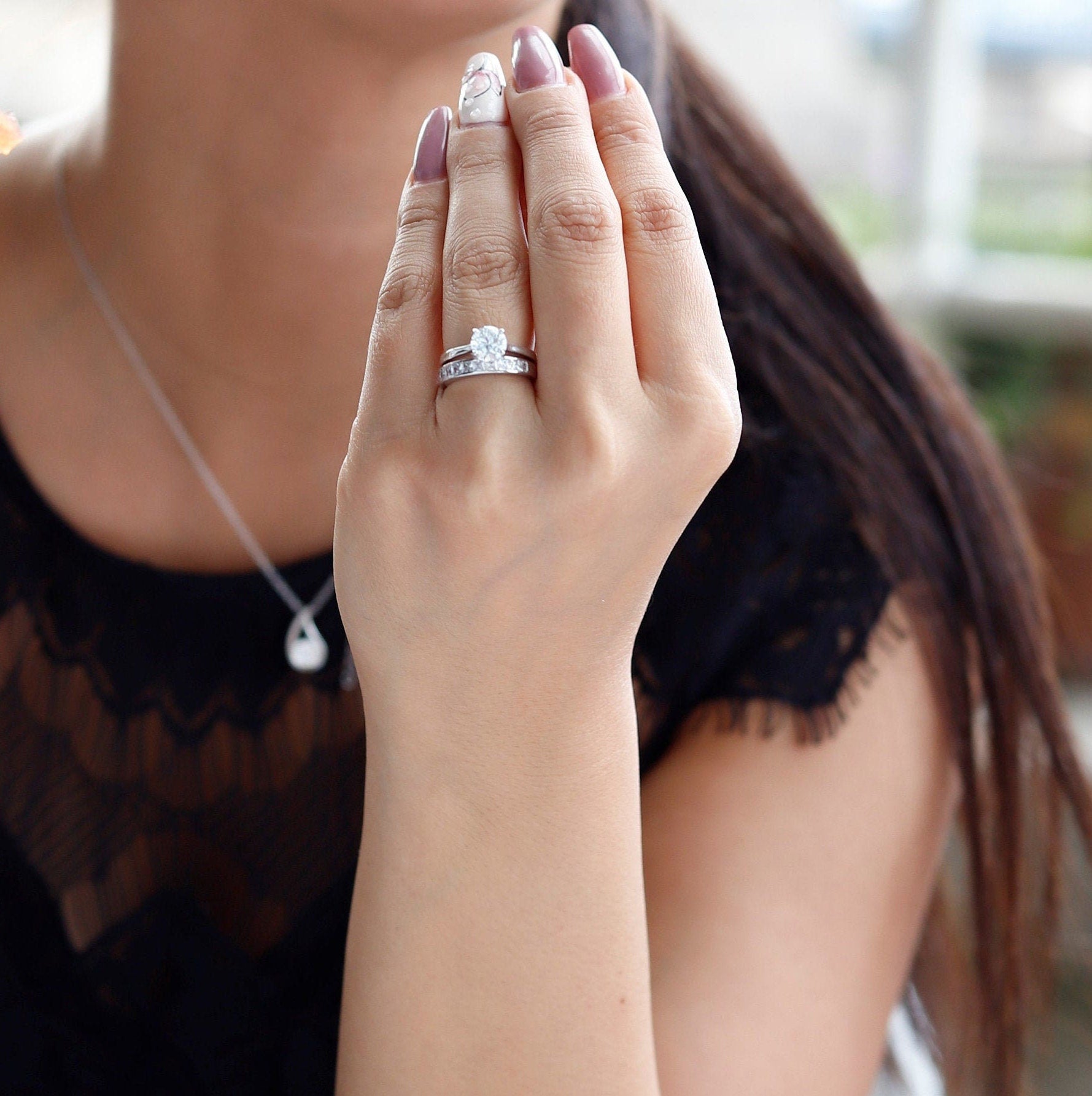 Elsa - Sterling Silver Simulated Diamond Eternity Engagement Wedding Ring 2Pc Set for Women