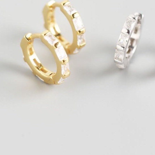 Small huggie hoop earrings. Gold huggie hoop earrings. Minimalist sterling silver hoop earrings. Baguette Huggie Hoops with Cubic Zirconia.
