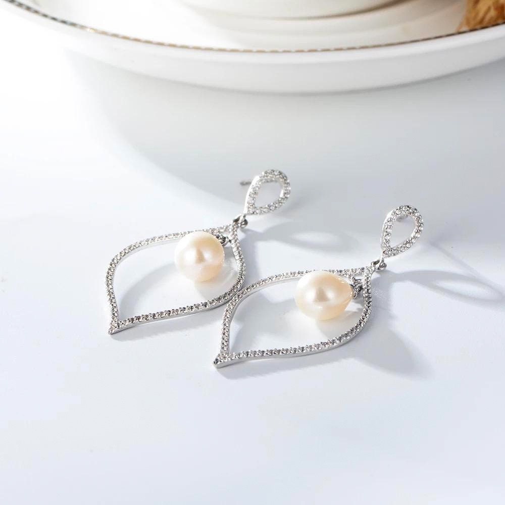 925 Sterling Silver Luxury Pearl Simulated Diamond Earrings Bridal Wedding including gift Pouch for Women