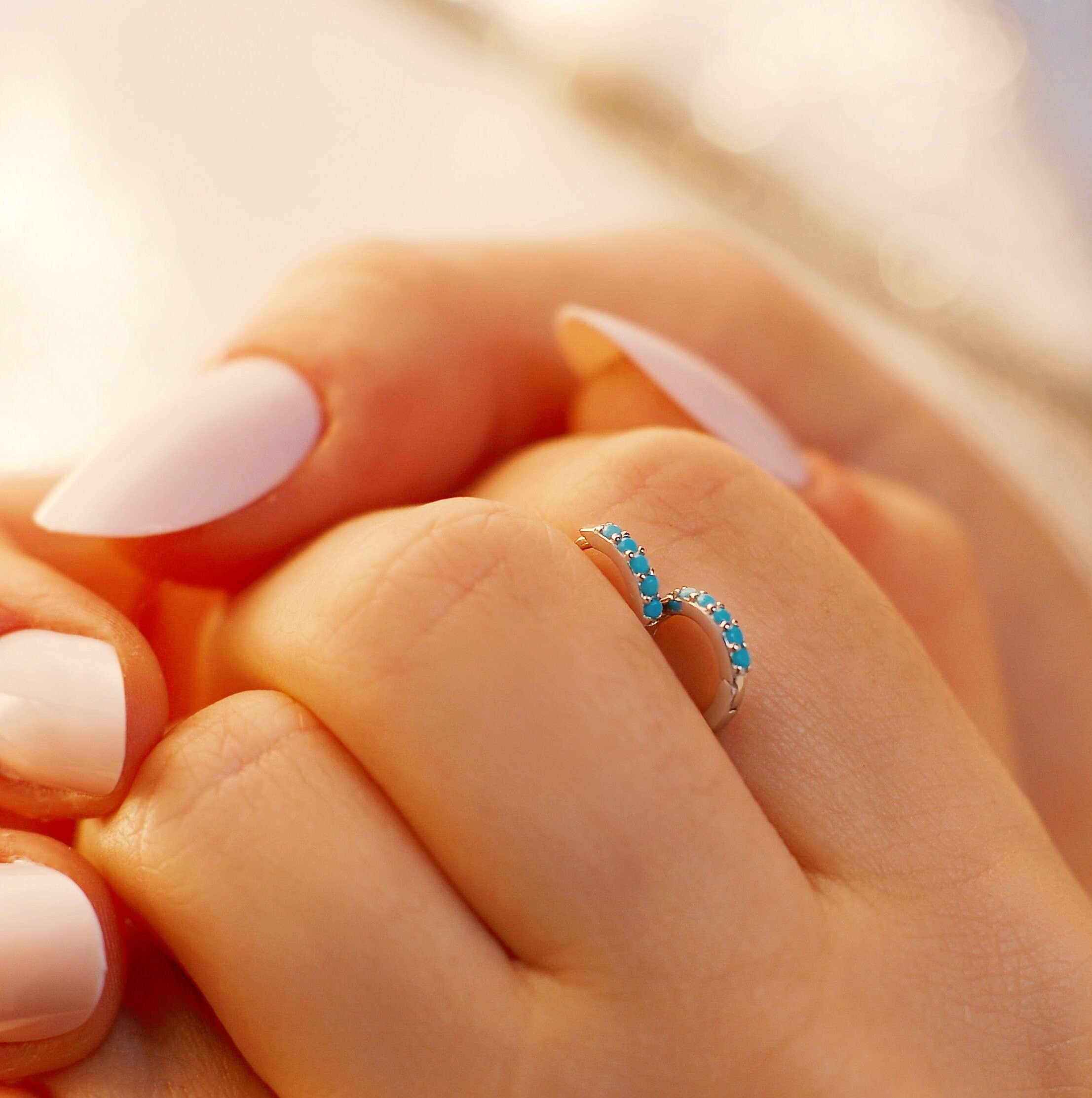 Tiny Huggie Hoop Earrings,Turquoise Huggie Hoop Earrings,Dainty Hoop Earrings,Dainty Huggies, 18K Gold Plated Hoops,Sterling Silver Huggies