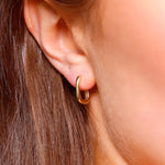 Small rectangular silver and gold huggie hoop earrings with geometric design, dainty and stylish jewelry by AJJ.