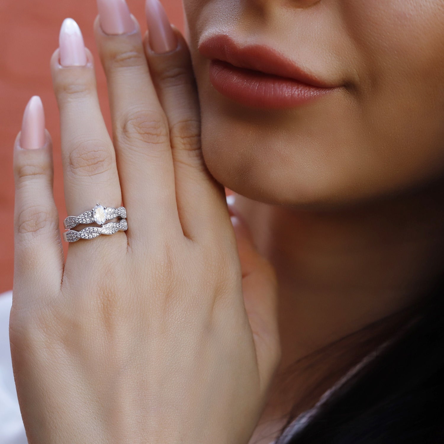 Harper - Sterling Silver Oval Cut Zirconia Stone Man Made Diamond Simulants Rings, Bridal Ring Set for Women