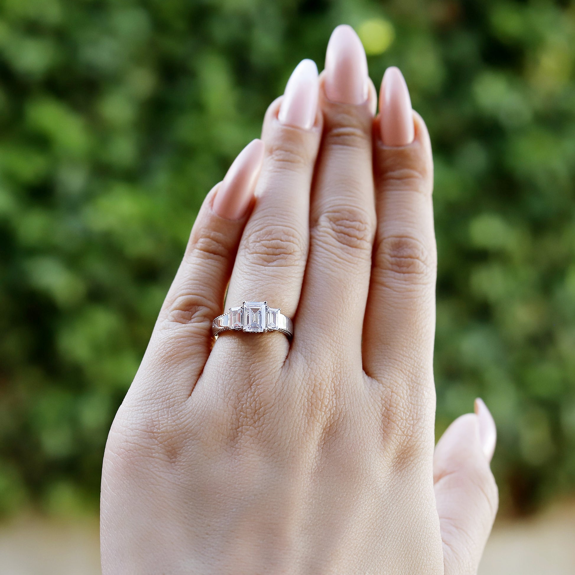 Dyla - 2.5 ct Emerald Trilogy Ring | Sterling Silver Engagement Ring | Promise Ring for women | Bridal Ring in US UK size | High Quality!