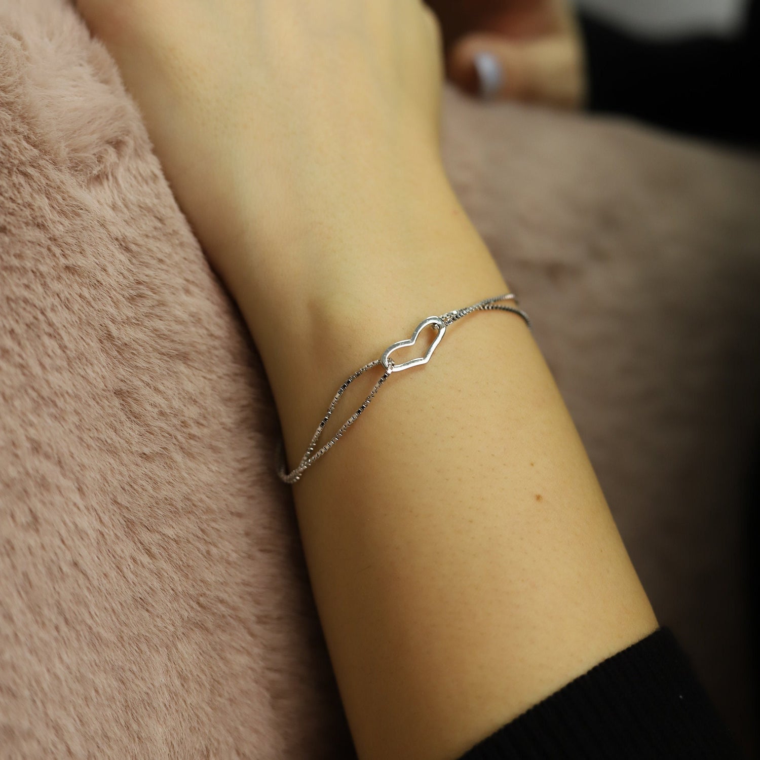 AJJ silver heart bracelet with dainty charm, perfect for women, featuring love hearts, ideal gift or stocking filler for girls.