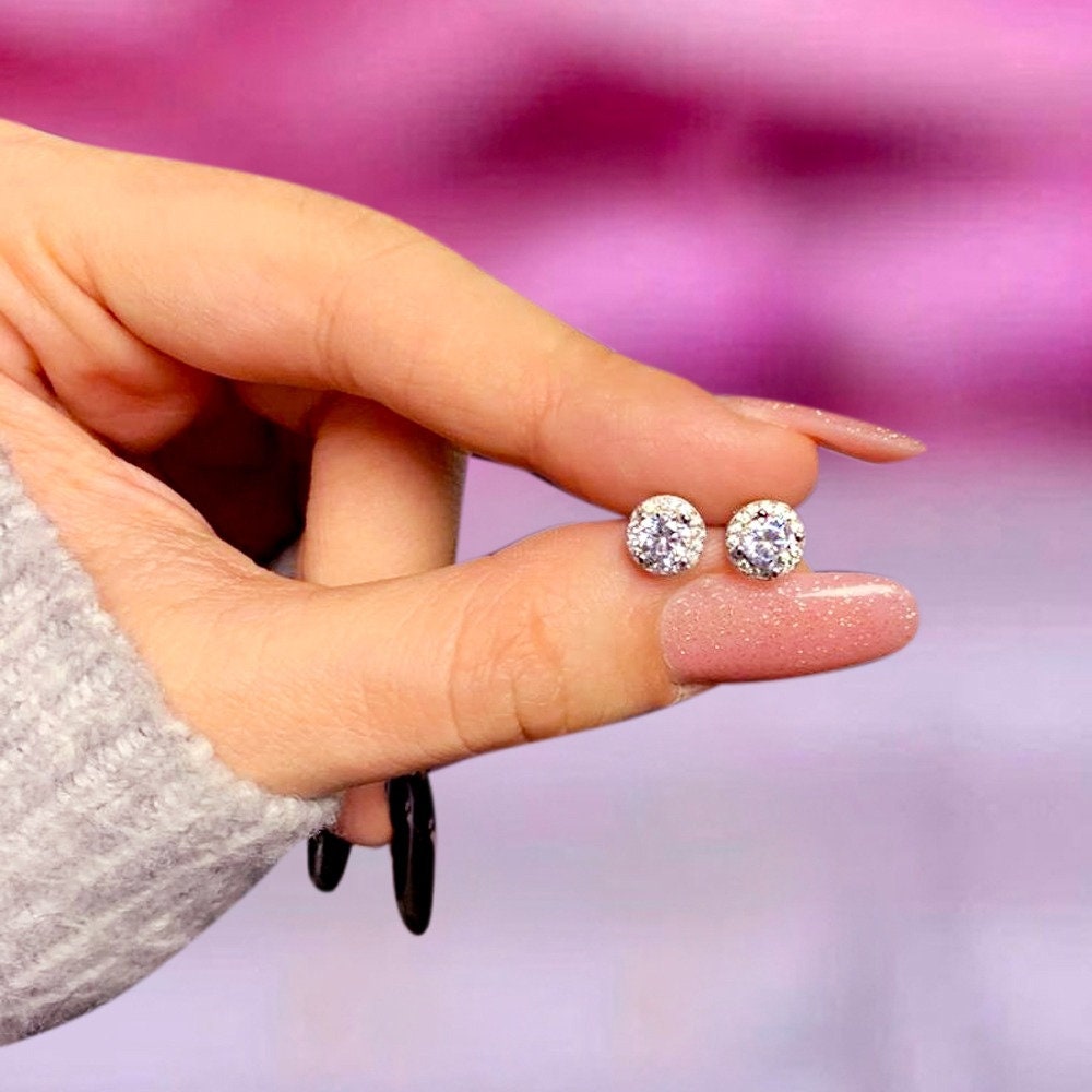Elegant Small Round Sterling Silver Cluster Stud Earrings for Women with Cubic Zircon