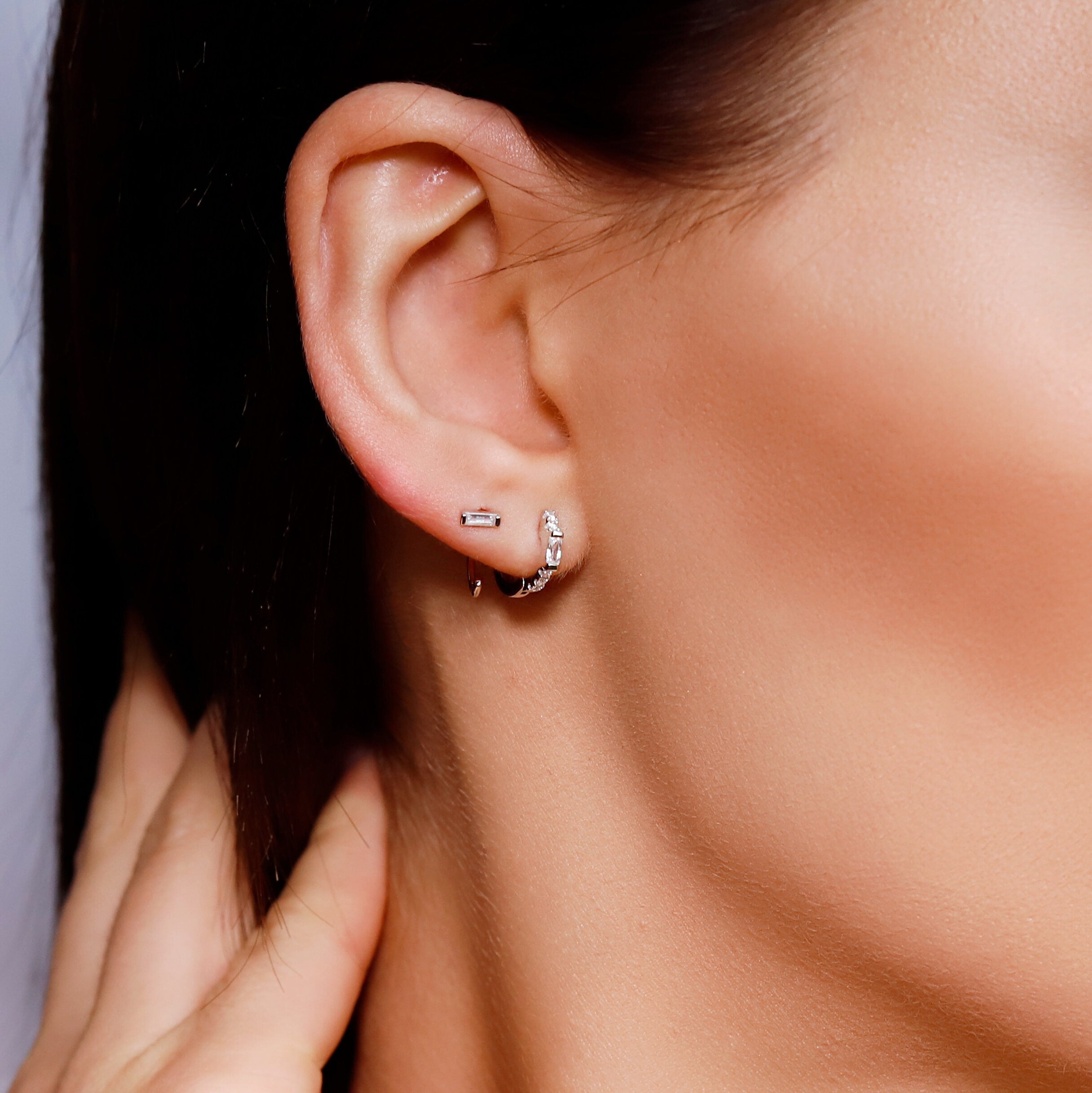 ALINA- Sparkly earrings, baguette earrings, huggie earrings, CZ, crystal , gold huggie hoops , dainty hoops , silver hoops , gift