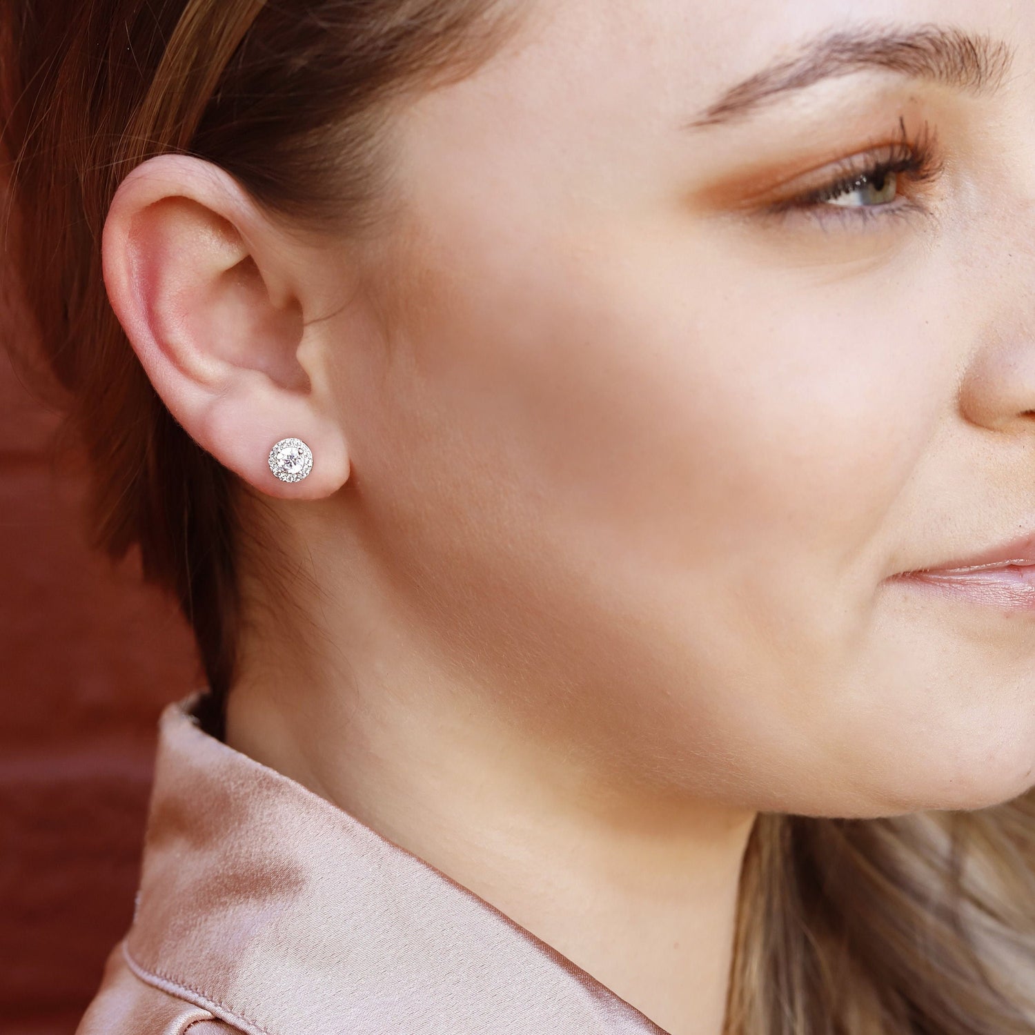 Small round sterling silver cluster stud earrings for women with cubic zirconia, featuring elegant, sparkling jewelry by AJJ.