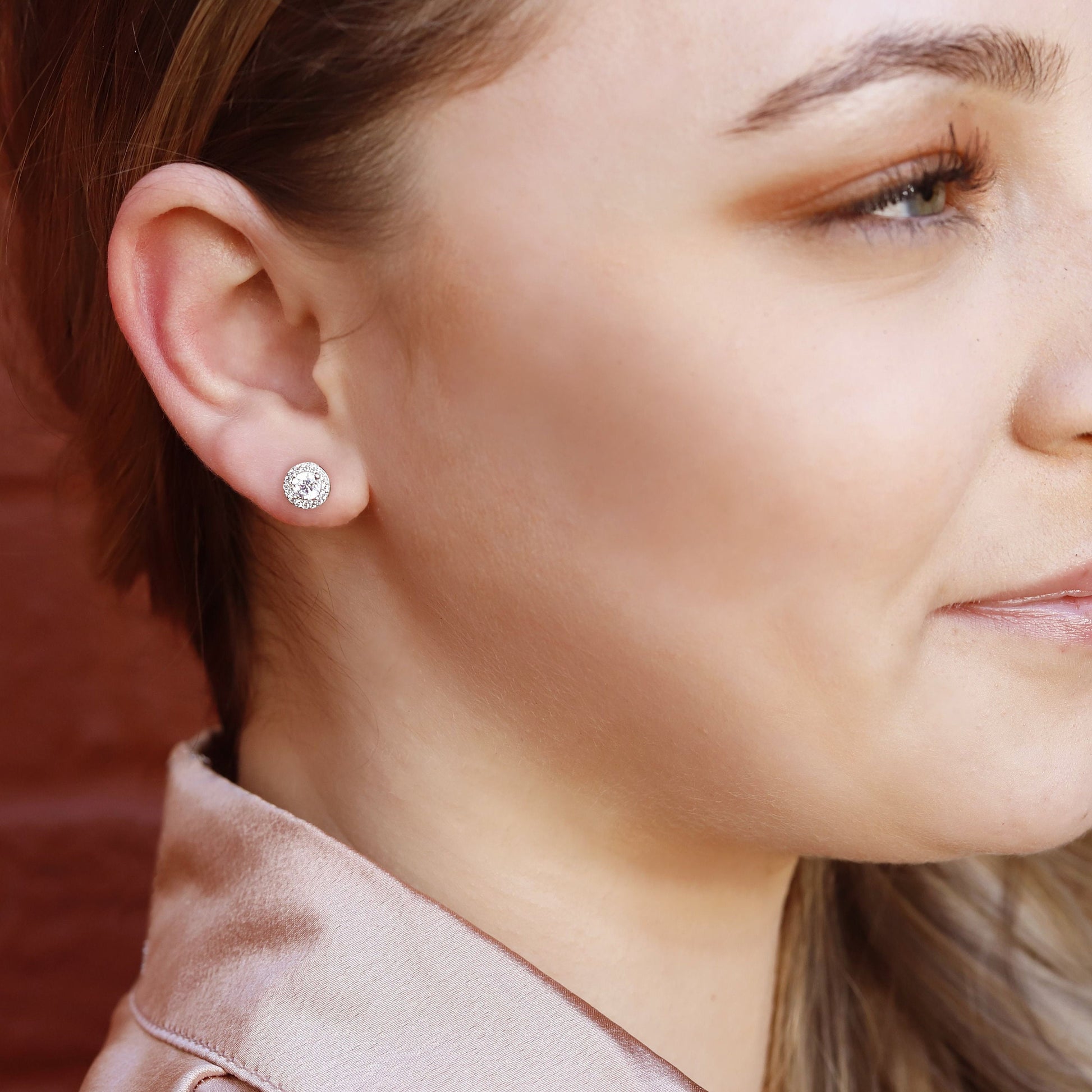 Elegant Small Round Sterling Silver Cluster Stud Earrings for Women with Cubic Zircon
