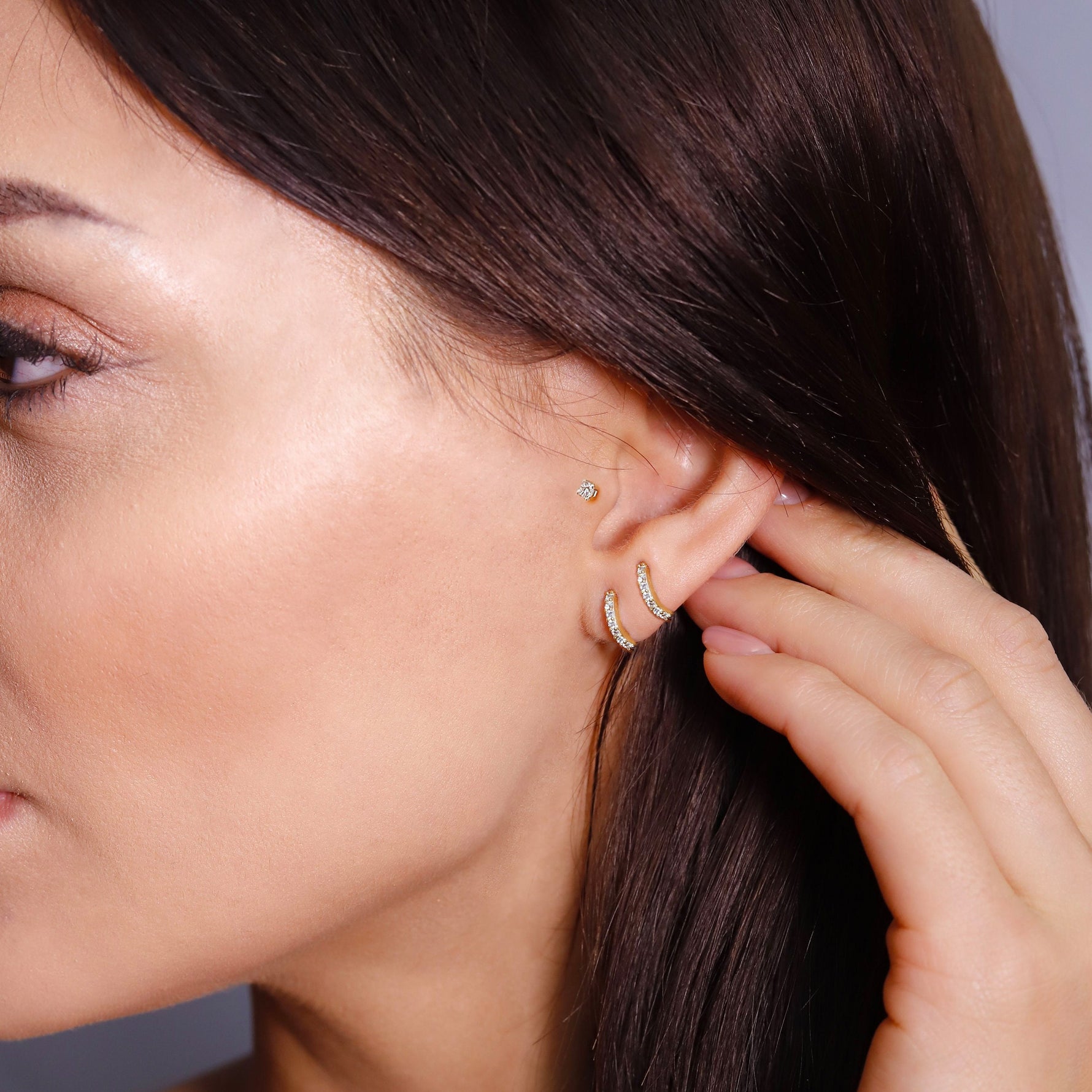 AJJ gold and sterling silver huggie hoop earrings with cubic zirconia pave accents, small minimalist hoop earrings set.