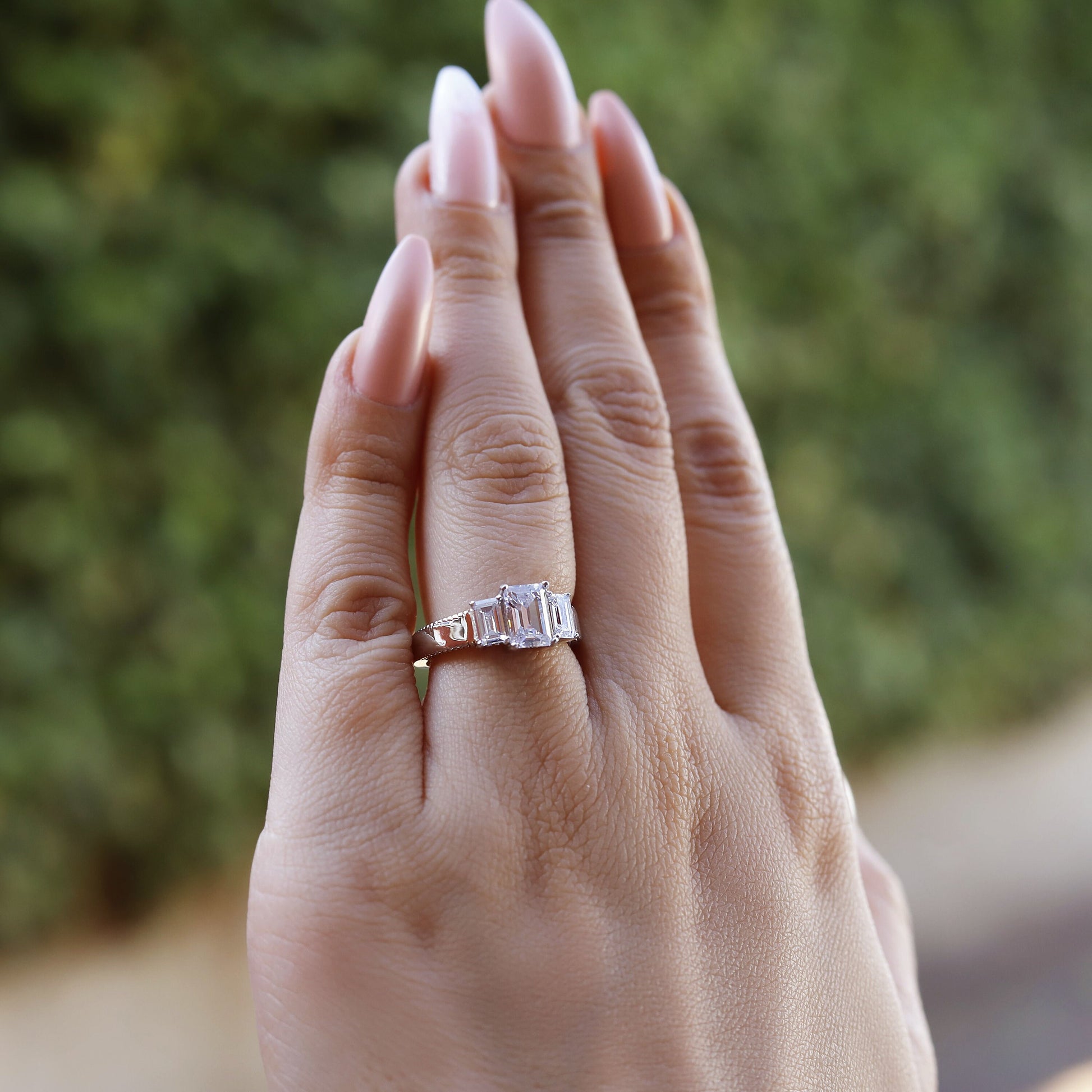 Dyla - 2.5 ct Emerald Trilogy Ring | Sterling Silver Engagement Ring | Promise Ring for women | Bridal Ring in US UK size | High Quality!