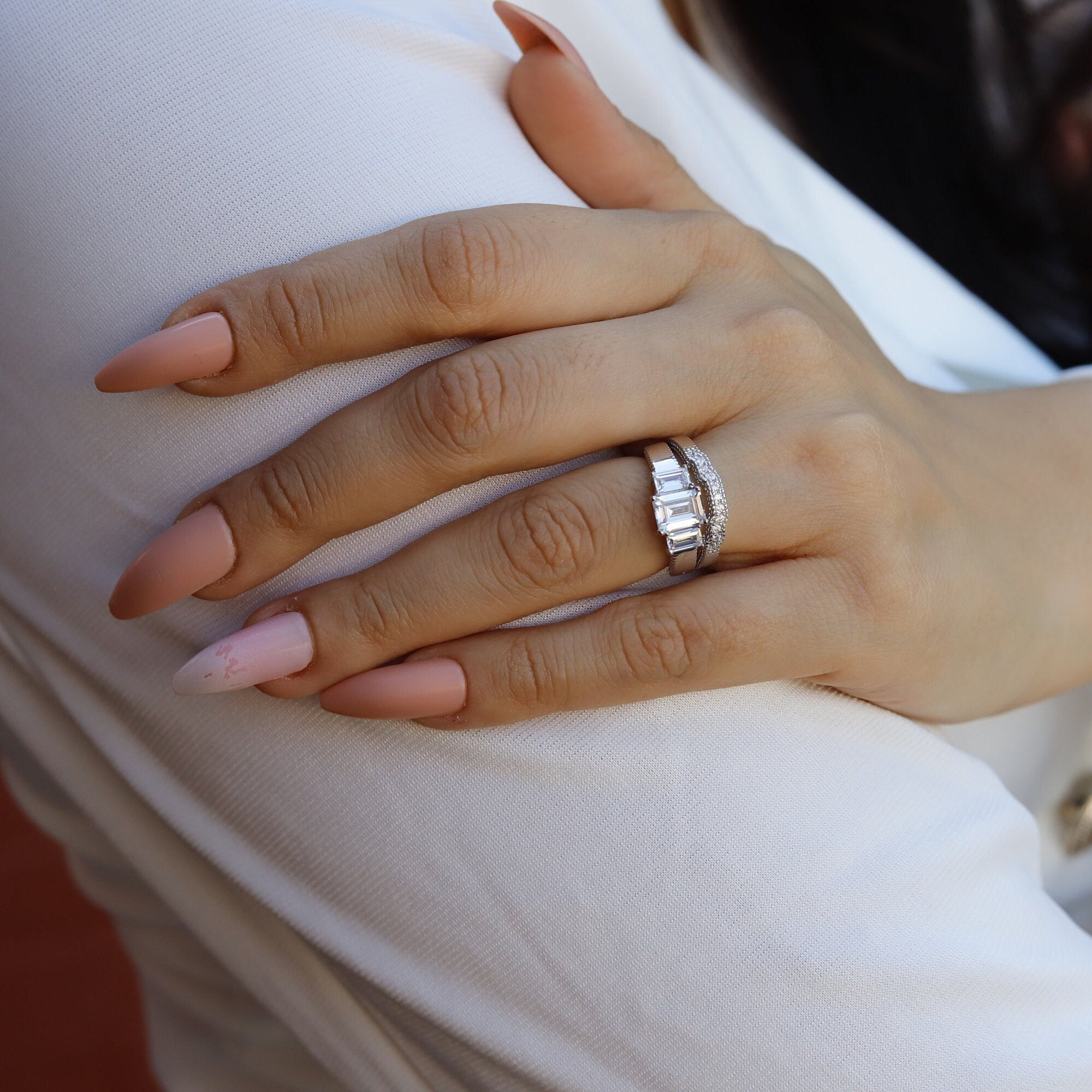 Dyla - 2.5 ct Emerald Trilogy Ring | Sterling Silver Engagement Ring | Promise Ring for women | Bridal Ring in US UK size | High Quality!