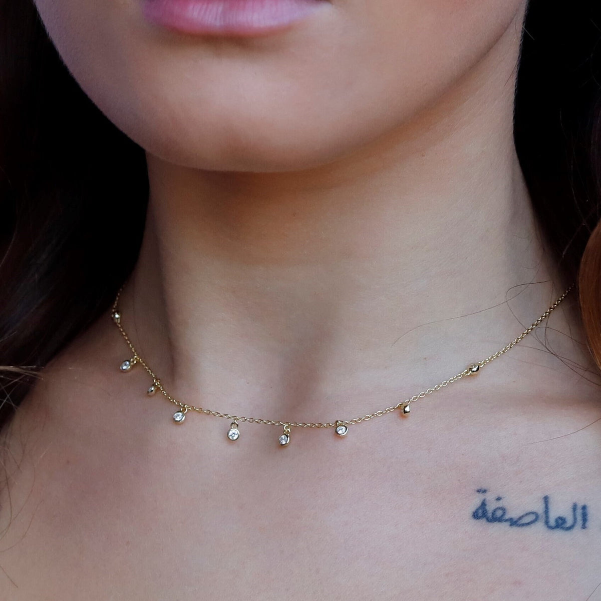 Jolie - Super Dainty Chain Choker• Bezel Drop Chain • Dainty Chain• Simple Choker Necklace