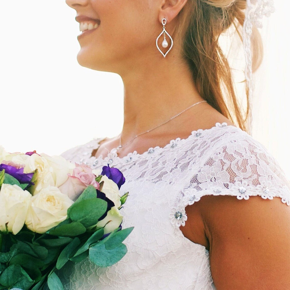 925 Sterling Silver Luxury Pearl Simulated Diamond Earrings Bridal Wedding including gift Pouch for Women