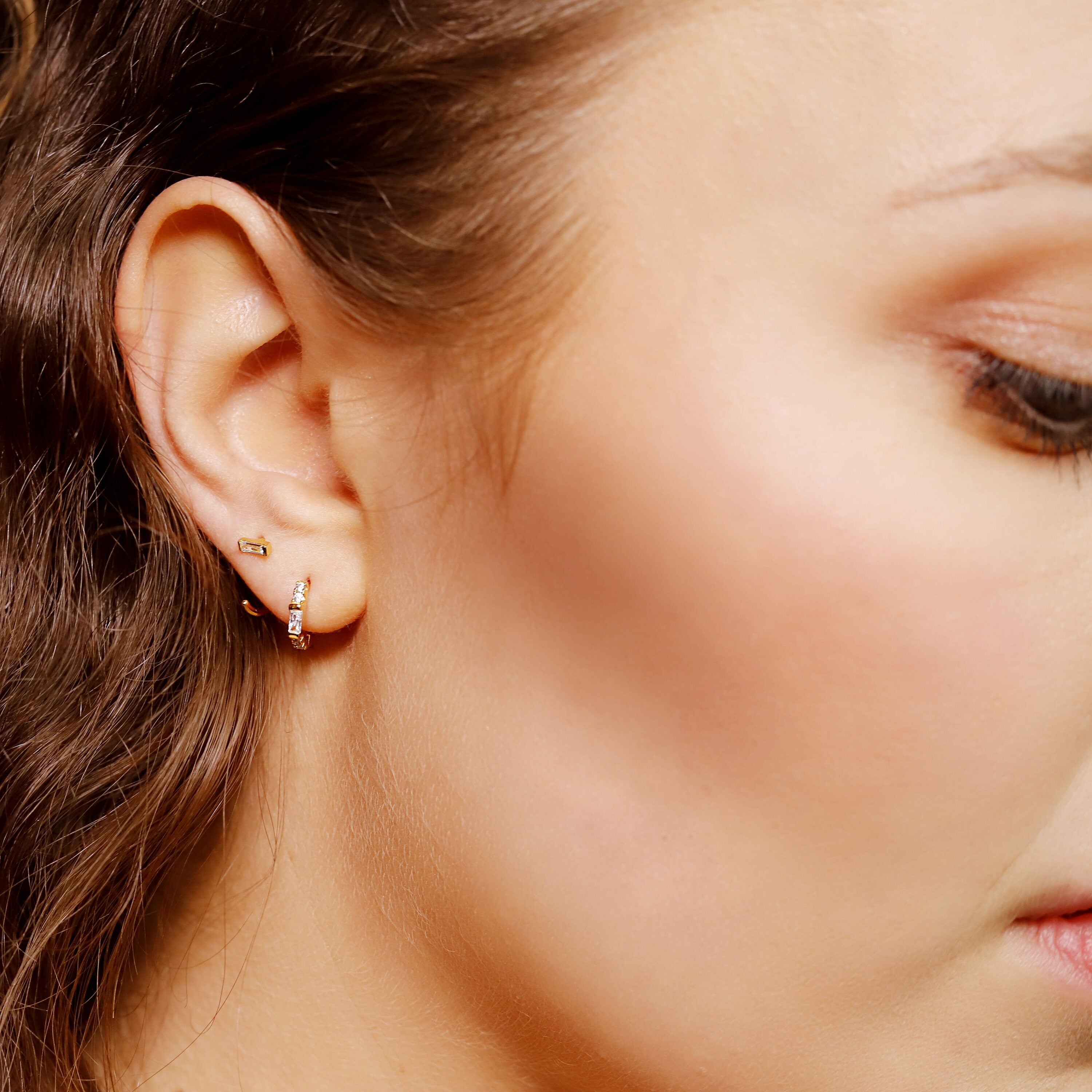 ALINA- Sparkly earrings, baguette earrings, huggie earrings, CZ, crystal , gold huggie hoops , dainty hoops , silver hoops , gift