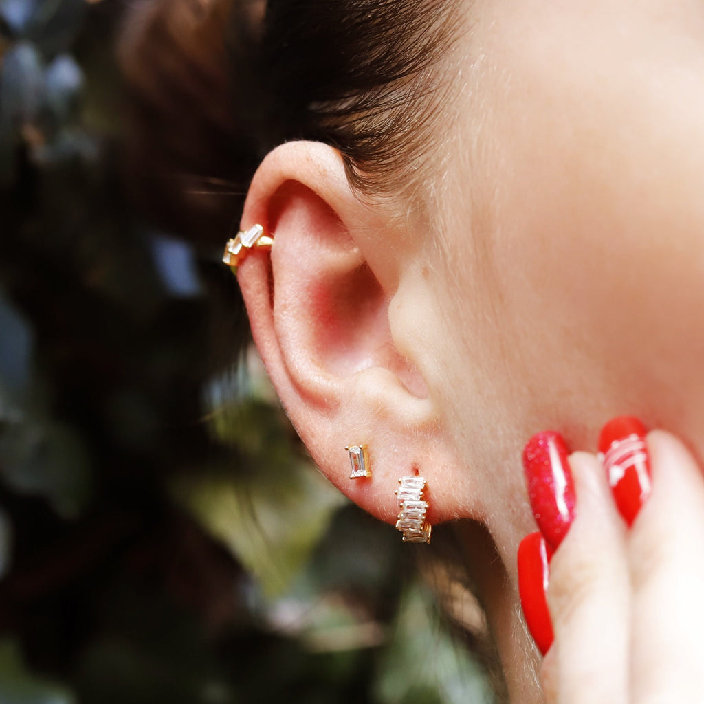 Tiny Huggie Hoop Earrings, Baguette Huggie Hoop Earrings, Dainty Hoop Earrings,Dainty Huggies, 18K Gold Plated Hoops,Sterling Silver Huggies