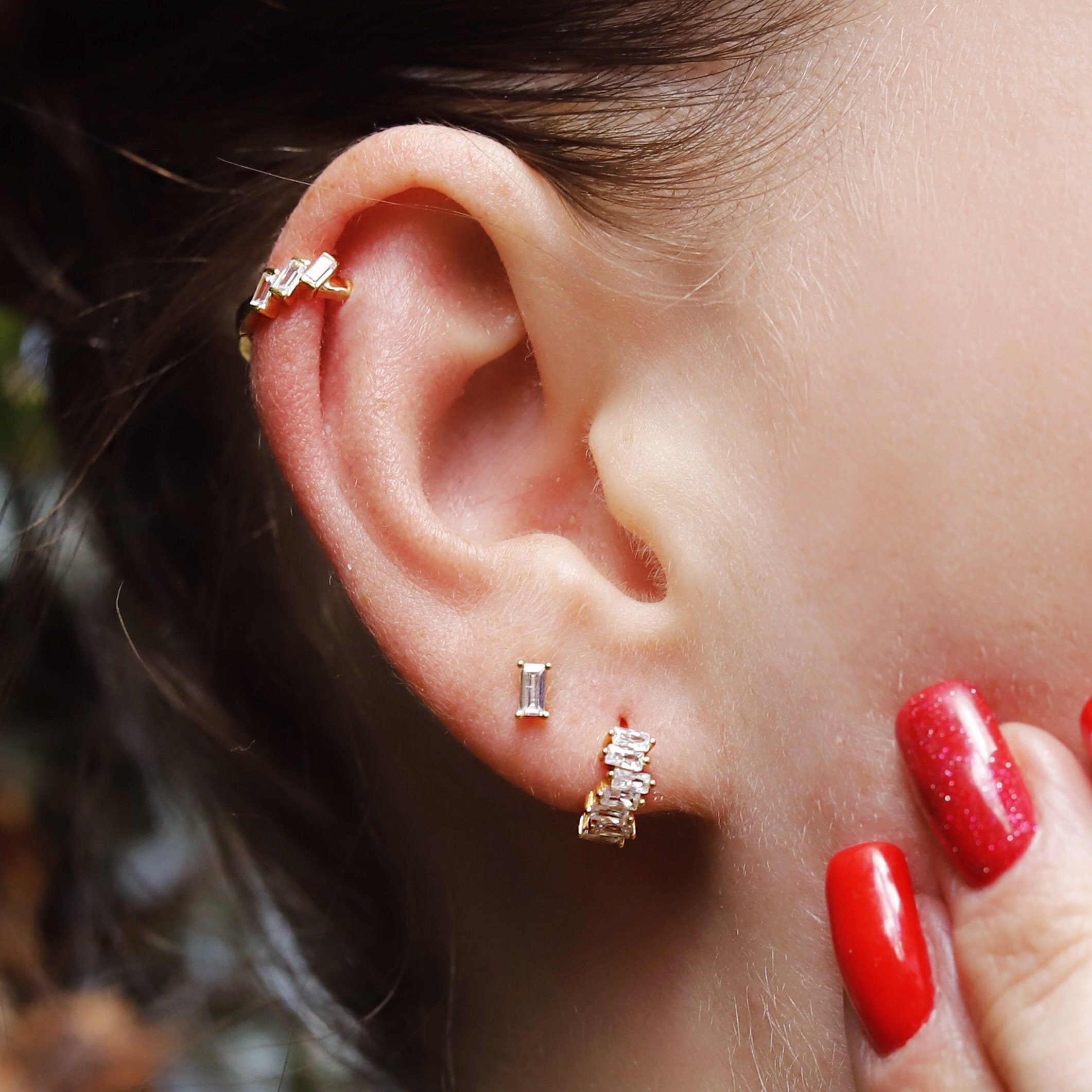 Tiny Huggie Hoop Earrings, Baguette Huggie Hoop Earrings, Dainty Hoop Earrings,Dainty Huggies, 18K Gold Plated Hoops,Sterling Silver Huggies