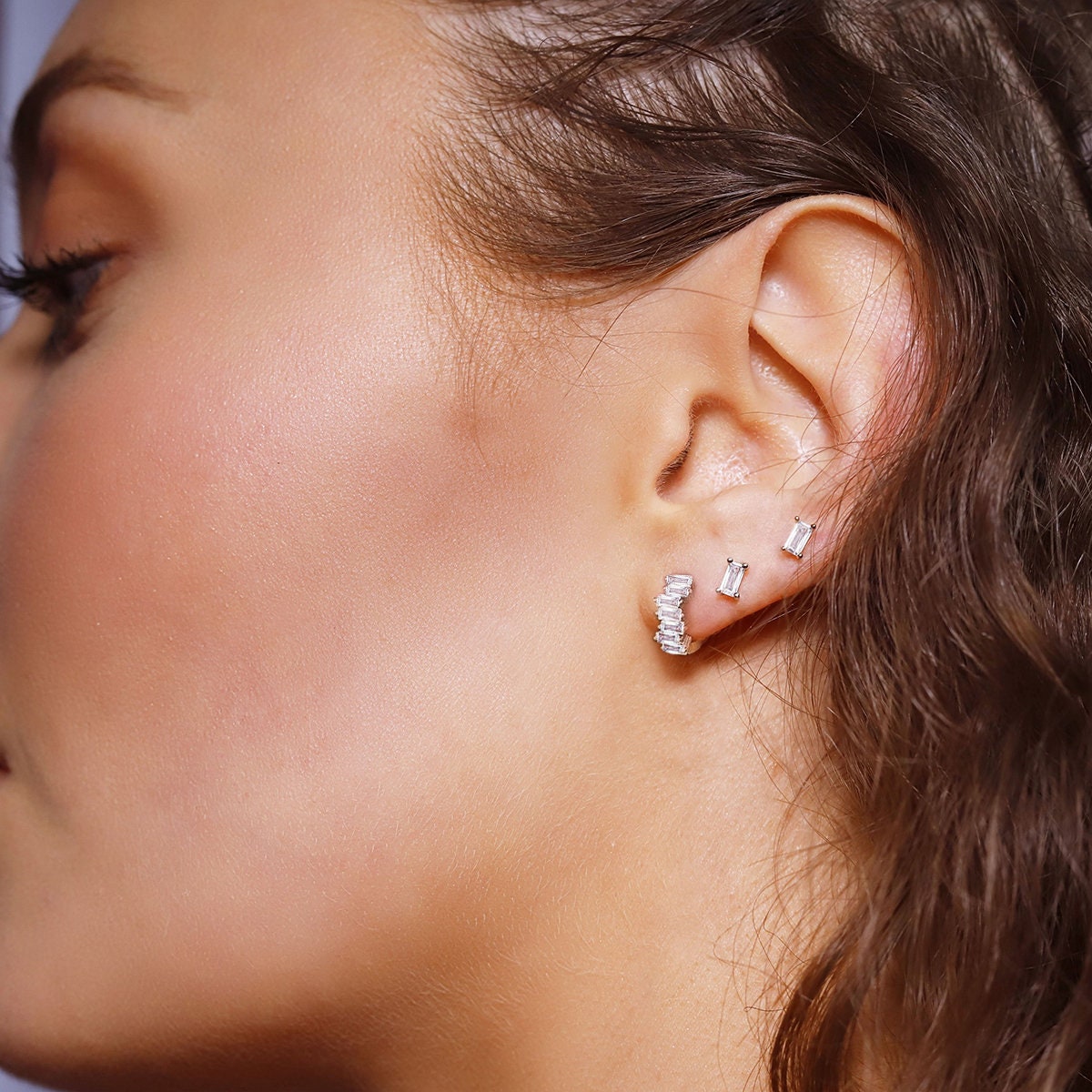 Tiny Huggie Hoop Earrings, Baguette Huggie Hoop Earrings, Dainty Hoop Earrings,Dainty Huggies, 18K Gold Plated Hoops,Sterling Silver Huggies